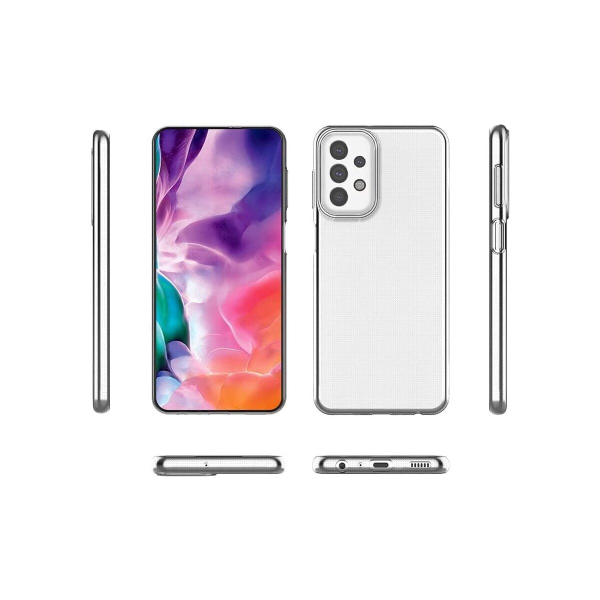 Ein Smartphone mit Hülle, das den Bildschirm und Seitenansichten zeigt. Weißer Hintergrund.