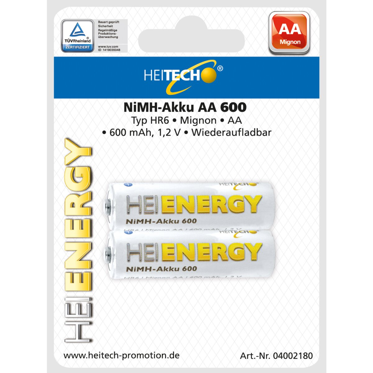 Zwei AA-Batterien in der Verpackung. Text enthält 'HEITECH', 'NiMH-Akku 600'.
