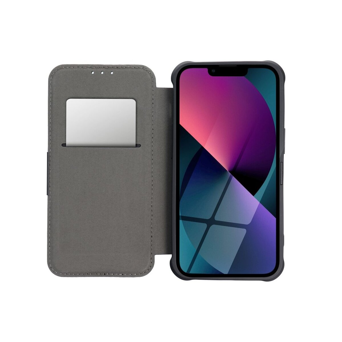 Eine offene Handyhülle mit einem Telefon darin. Die Hülle ist grau und der Bildschirm sichtbar.