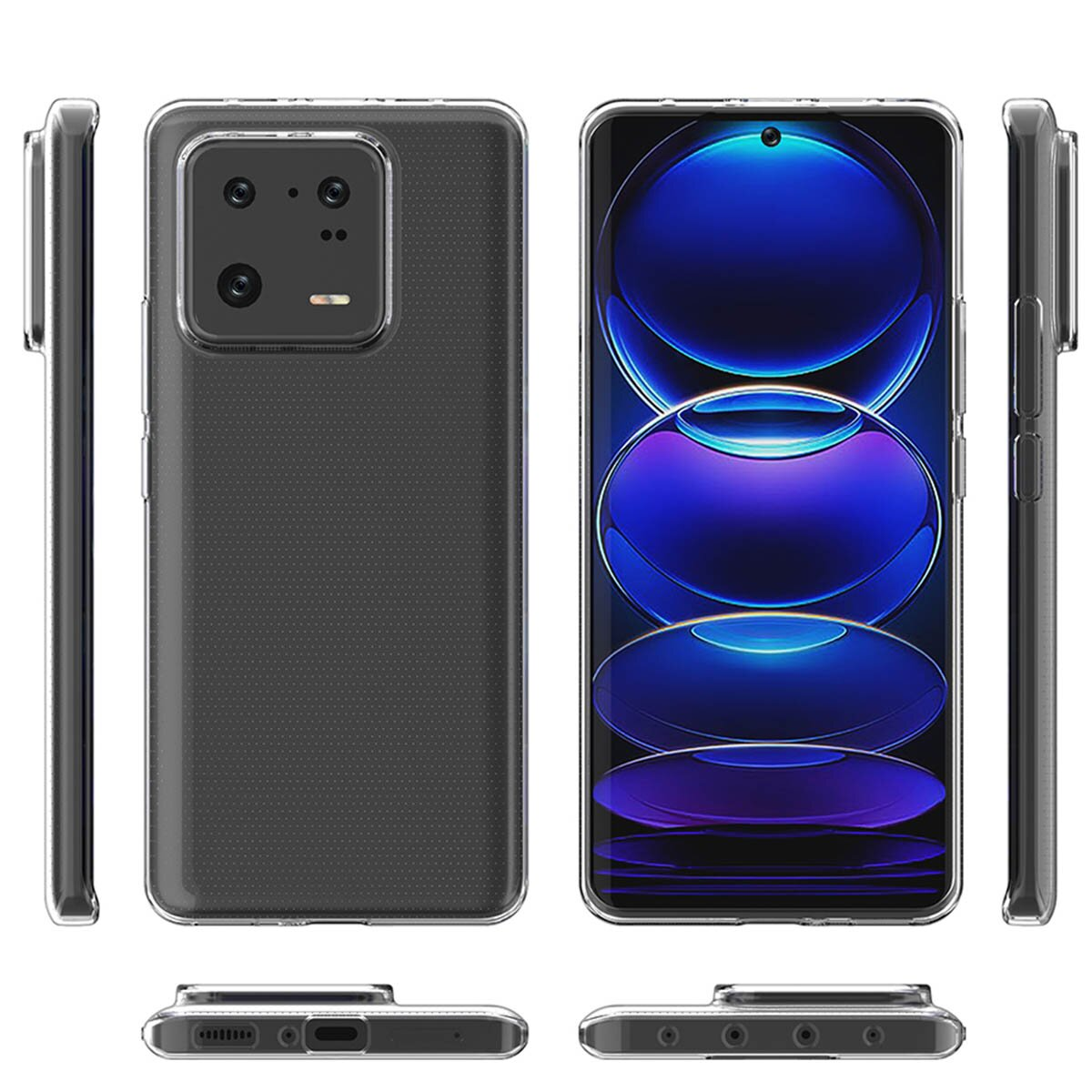 Uno smartphone con una custodia trasparente, che mostra le viste anteriore e posteriore.