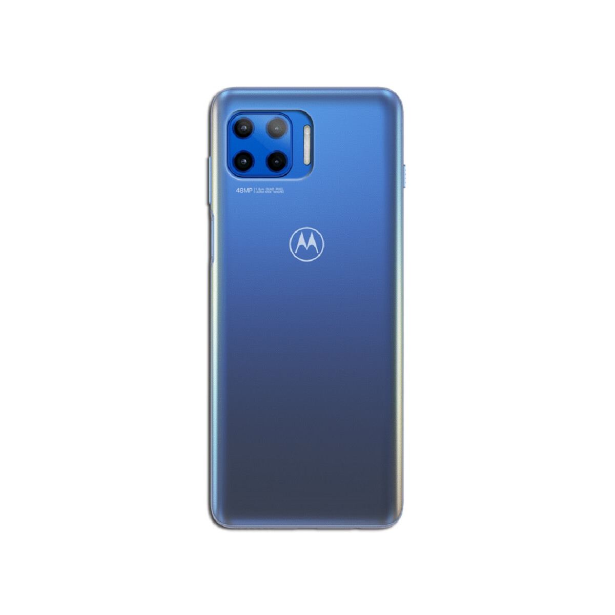 Die Rückseite eines blauen Motorola-Telefons mit Kameramodul und Motorola-Logo.
