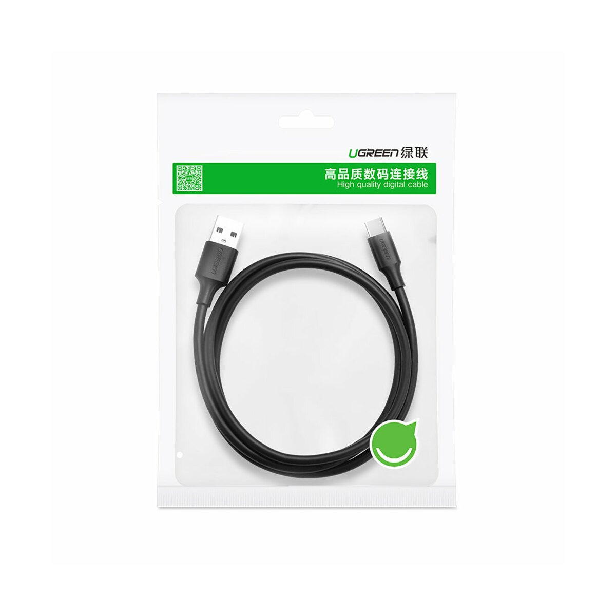 Ein schwarzes USB-Kabel in einer durchsichtigen Plastikverpackung mit chinesischem Text und grünem Logo.