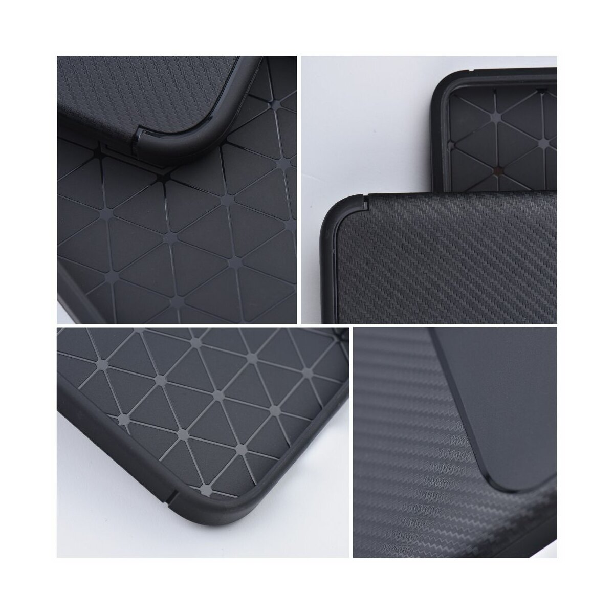 Primo piano delle texture della custodia nera del telefono: fibra di carbonio, motivo geometrico e bordi.