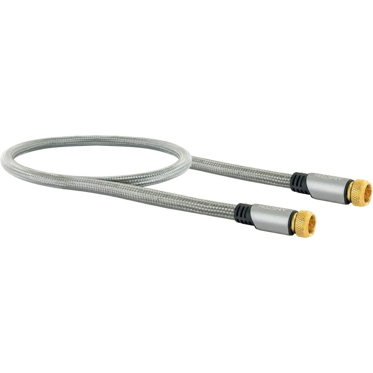 Ein silbernes Kabel mit goldfarbenen Steckern an beiden Enden.
