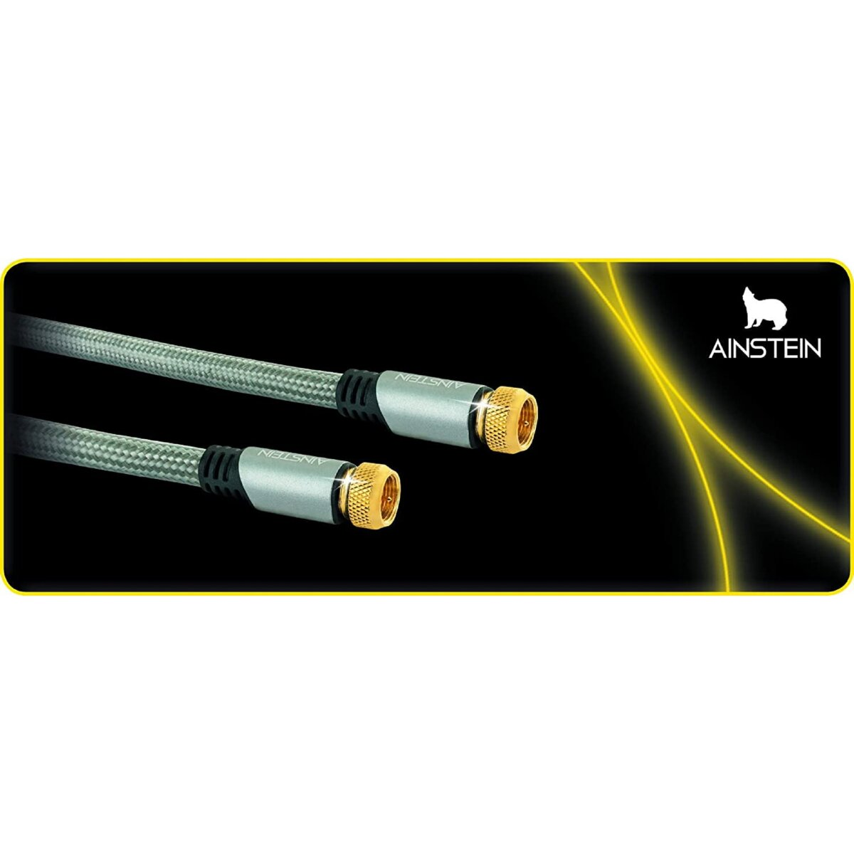Zwei silber- und goldspitzen Kabel auf schwarzem Untergrund mit der Marke 'AINSTEIN'.