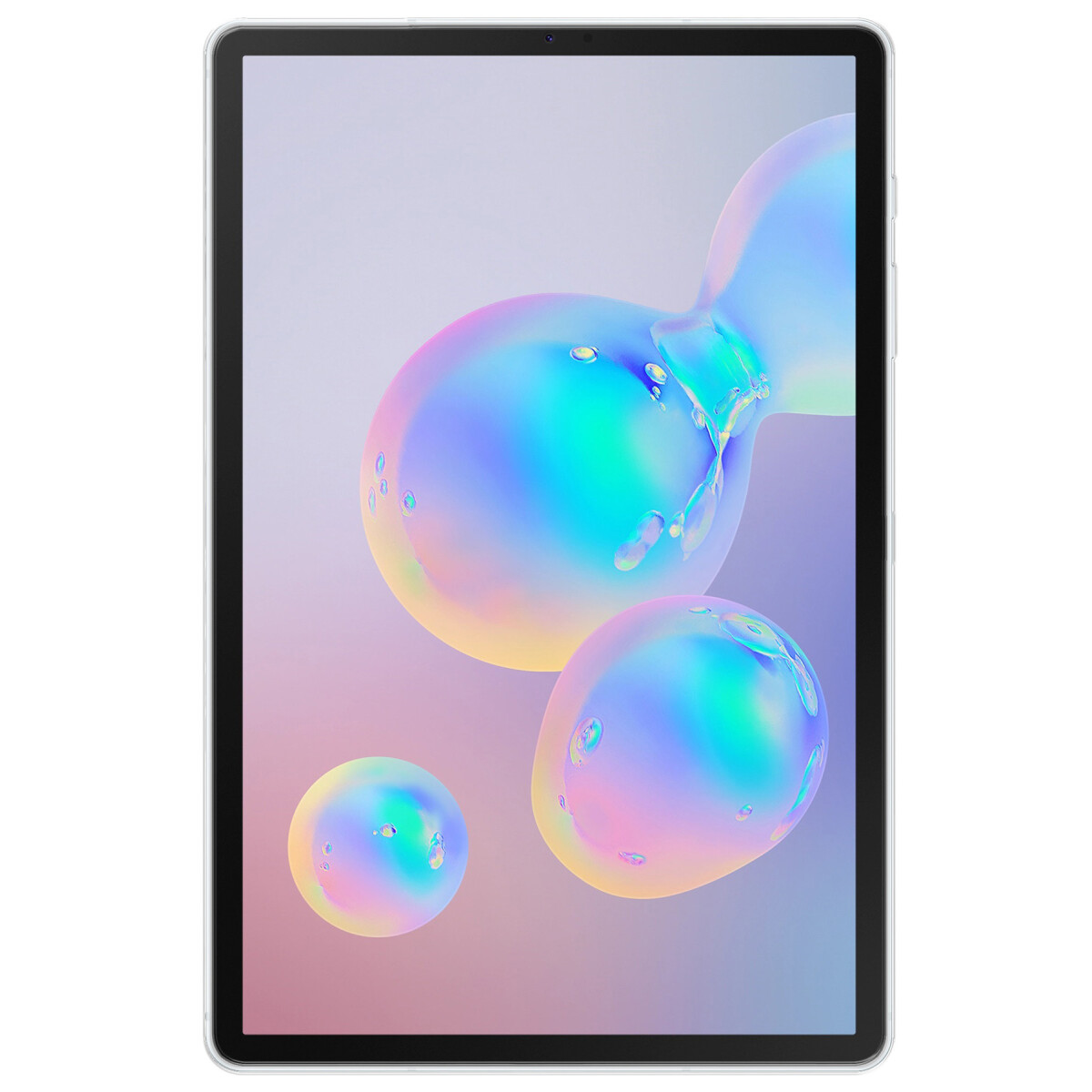 Tablet mit holografischem Hintergrund und klarer Hülle. Mit drei farbigen, schwebenden Kugeln.