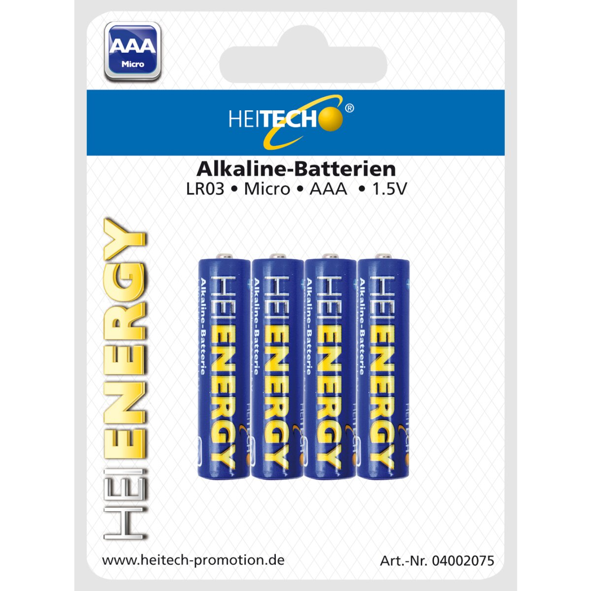 Packung mit AAA-Alkalibatterien, blau und weiß.