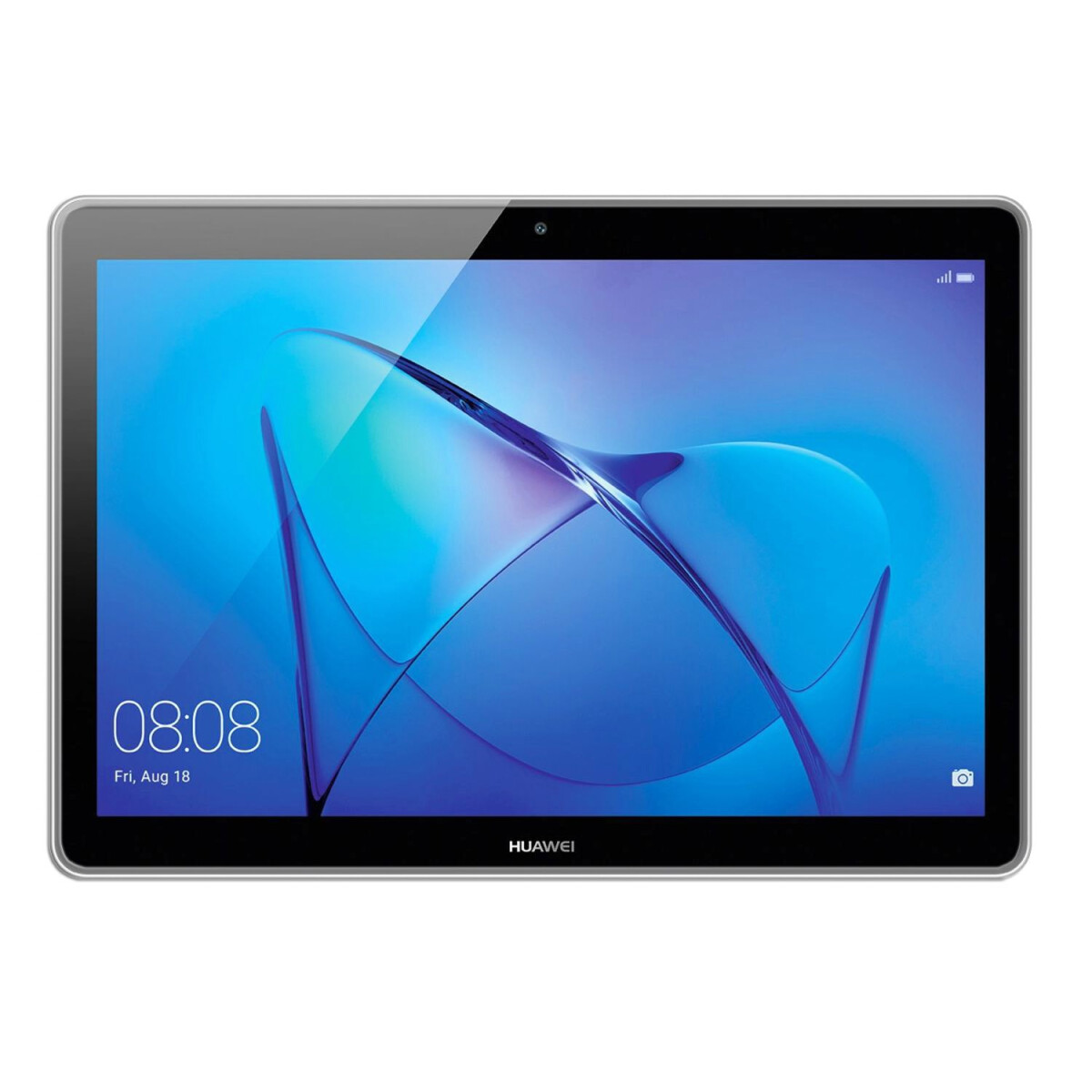 Ein Tablet mit schwarzem Rahmen, das ein blaues und weißes Bild mit einer Uhr unten anzeigt.