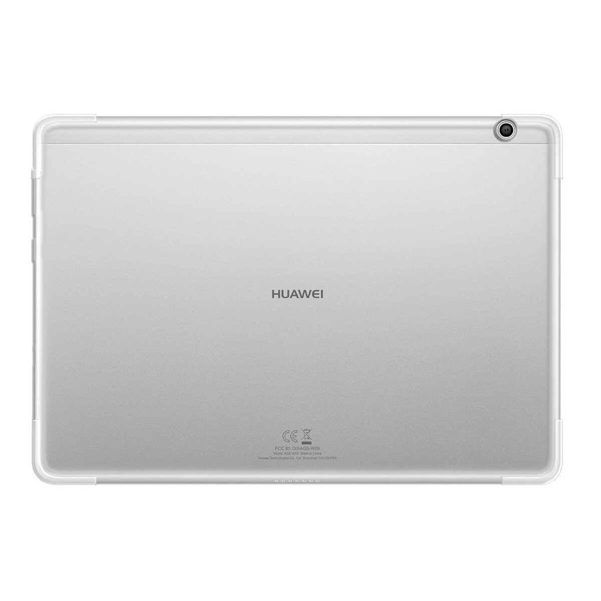Silberne Huawei Tablet-Rückseite. Kamera oben rechts. Huawei-Logo in der Mitte. FCC- und CE-Kennzeichnungen unten.