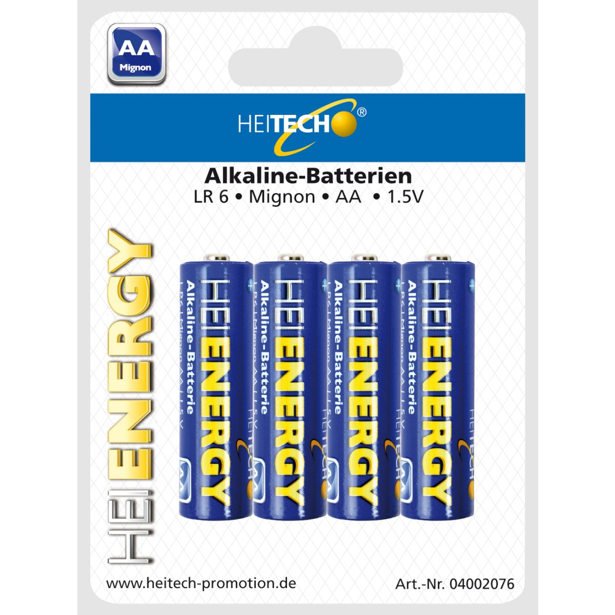 Vier AA-Batterien in der Verpackung. Text: 'HEITECH', 'Alkaline-Batterien'.