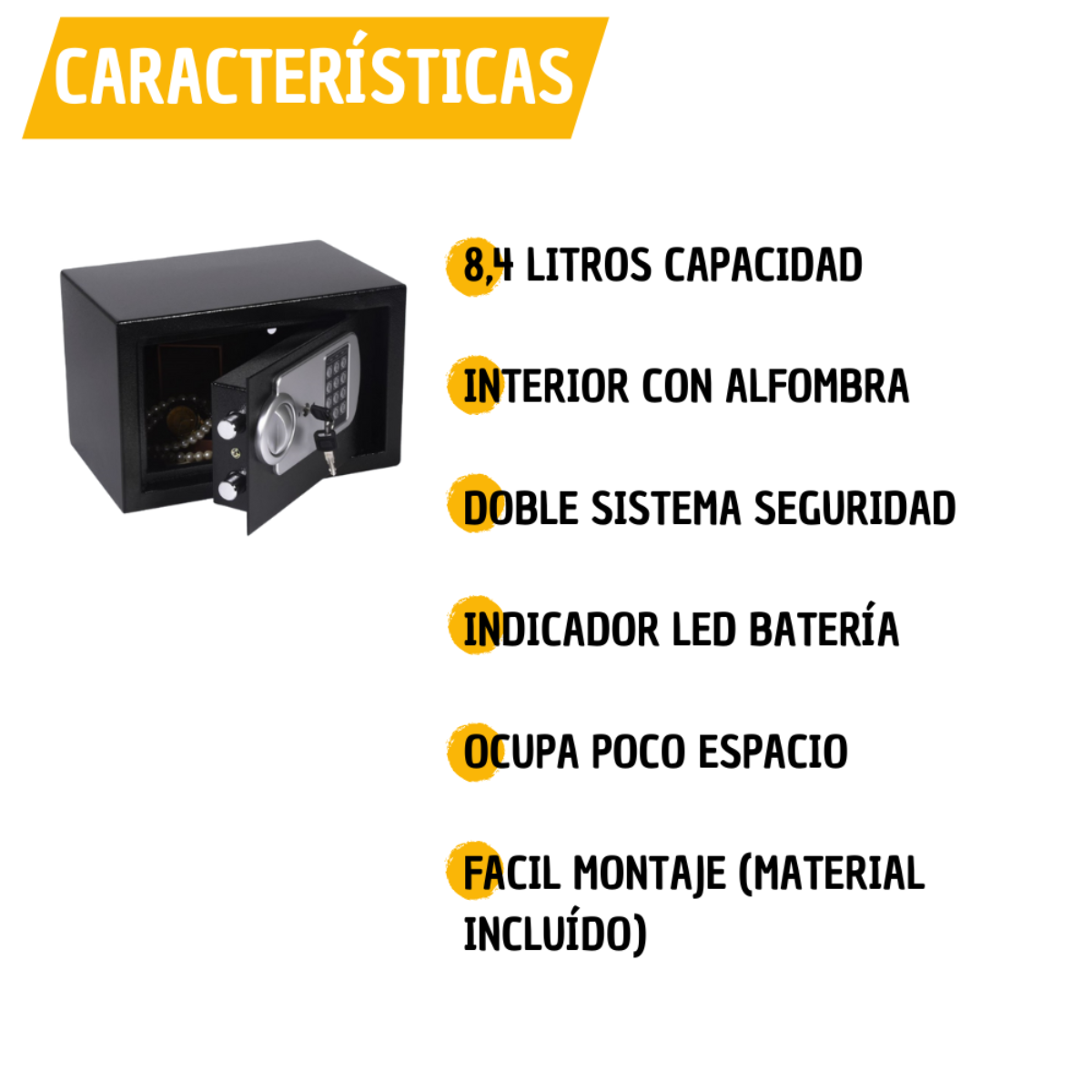 La imagen muestra una caja fuerte negra con la puerta abierta y texto que describe sus características.