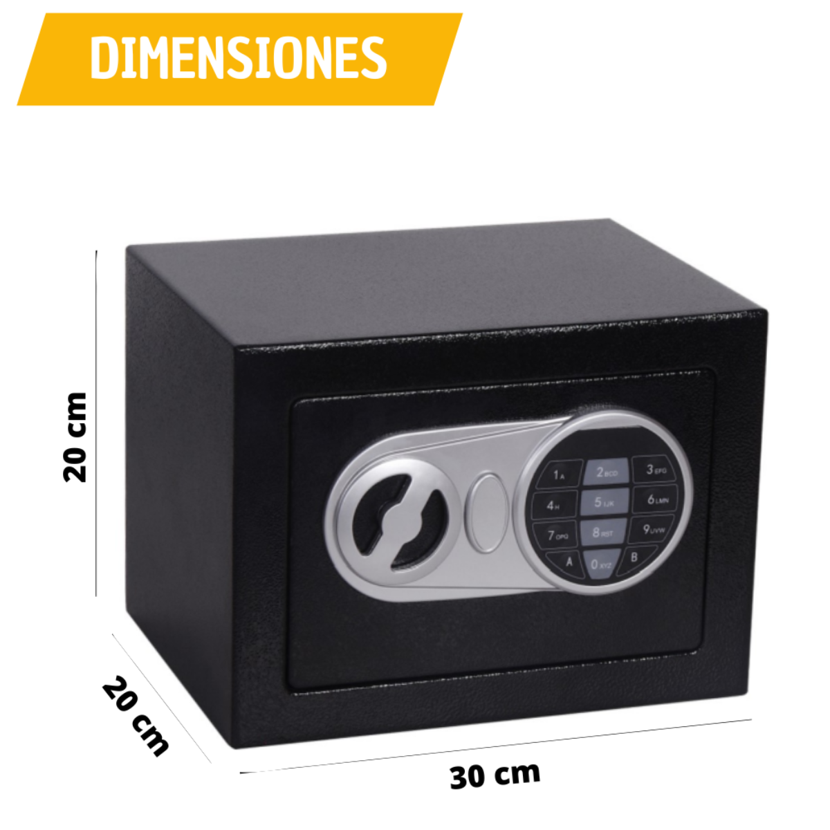 Una caja fuerte negra con teclado digital, etiquetada con dimensiones en centímetros.