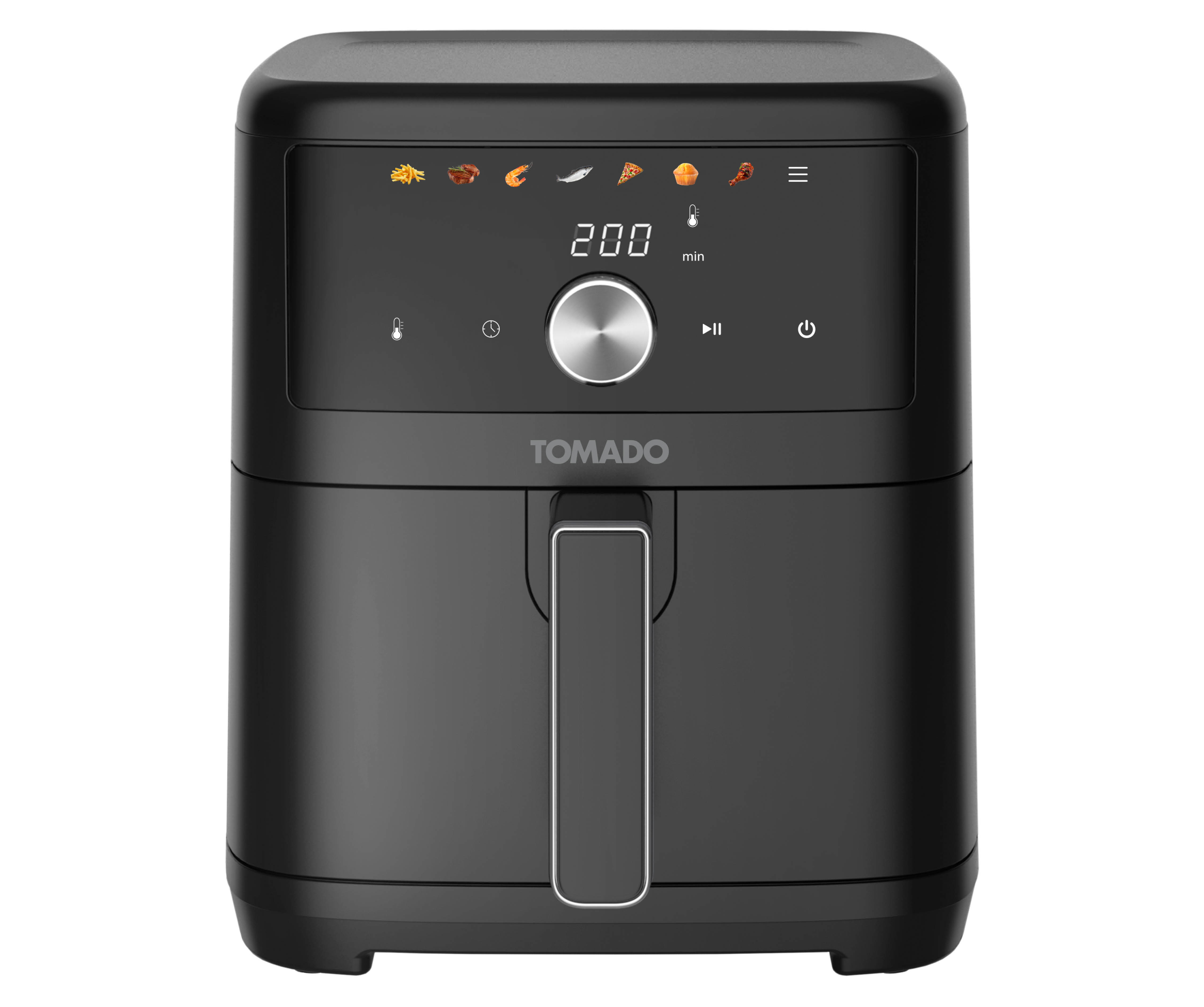 A black air fryer with a digital display, handle, and buttons, on a white background.