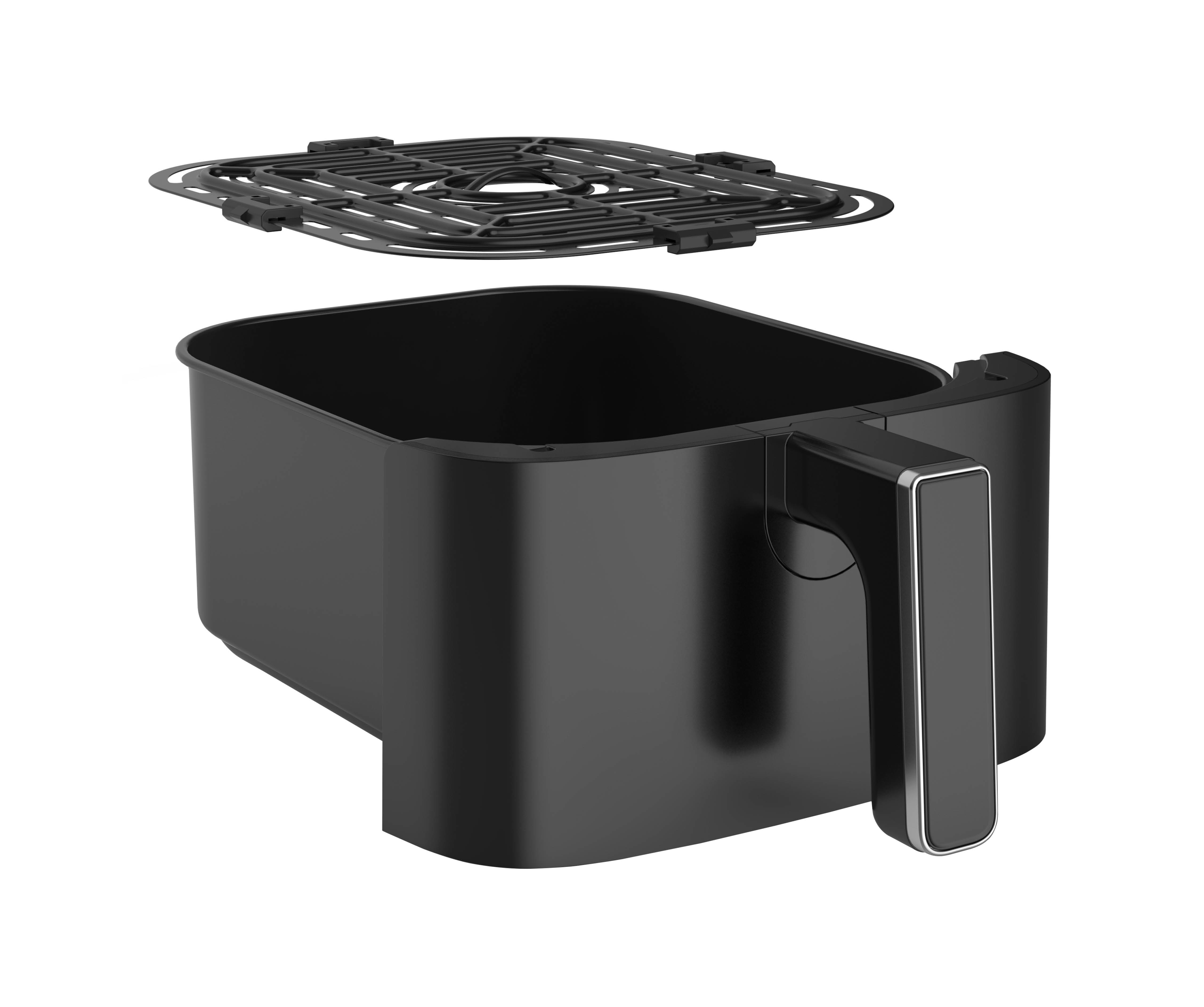 Black air fryer components, basket, and a cooking grate, against a white background.