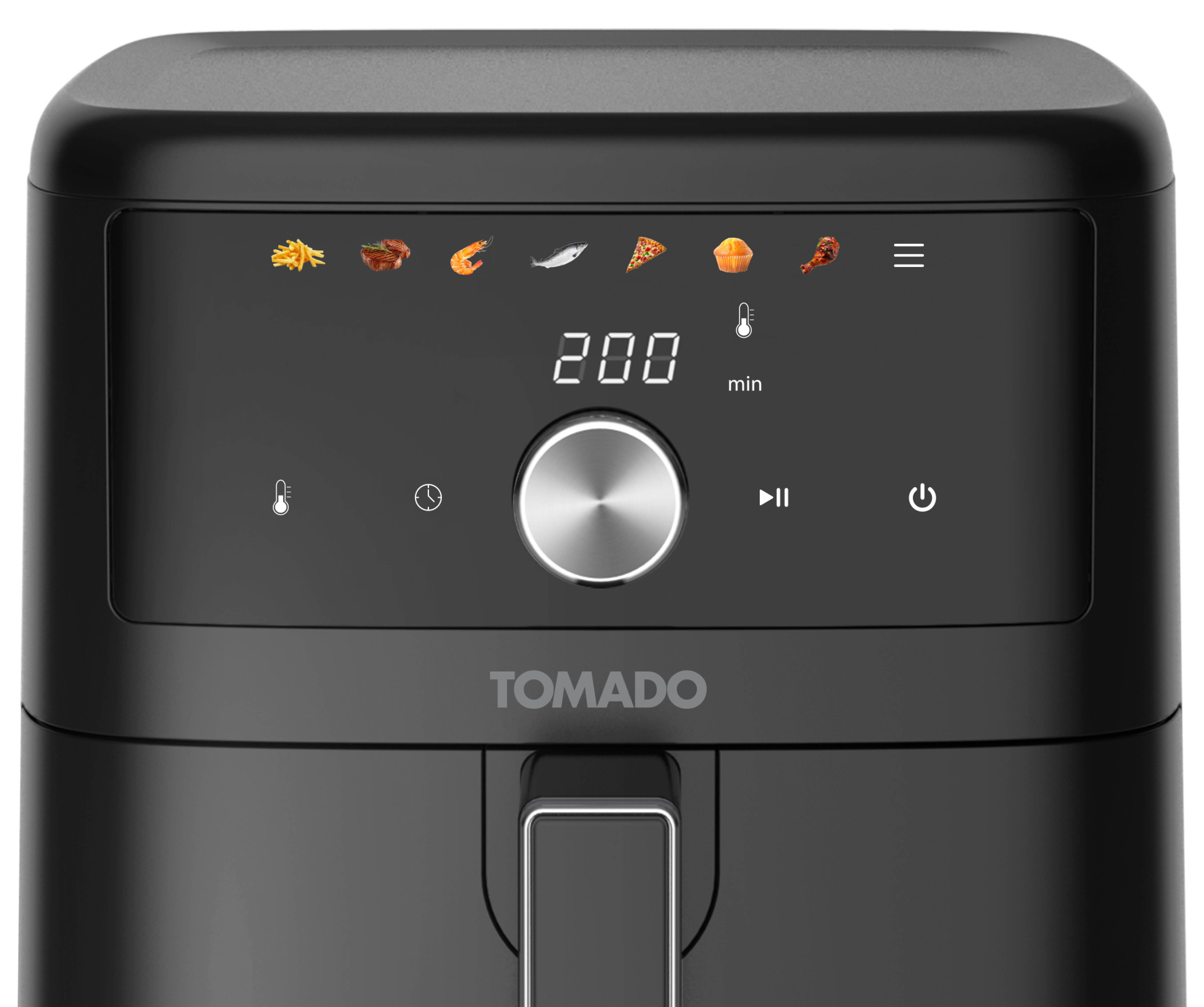 Black air fryer display. Shows temperature setting, cooking time, and several food icons.