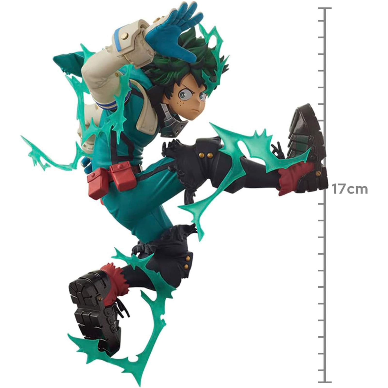 Anime-Figur eines Helden in dynamischer Pose, Beine ausgestreckt, grüne und blaue Farben, weißer Hintergrund.