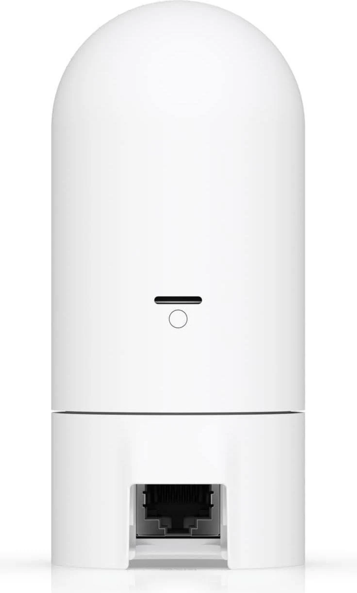 Biała kamera bezpieczeństwa o cylindrycznej konstrukcji, z małym portem i portem sieciowym.