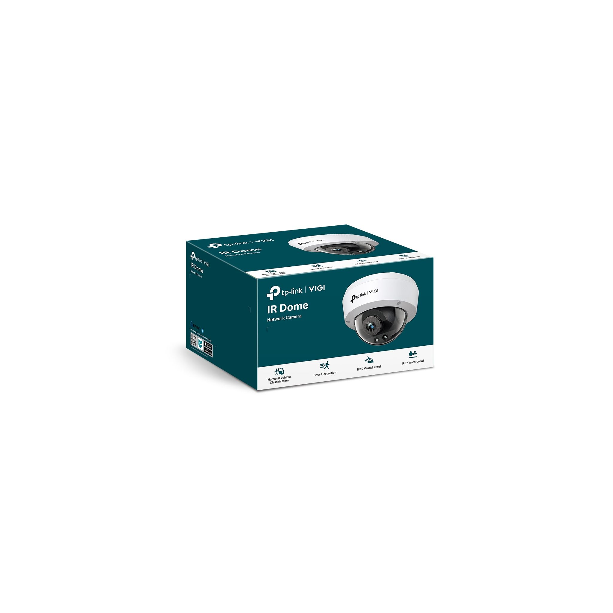 Białe i turkusowe pudełko do kamery sieciowej IR Dome. Pudełko ma logo tp-link i obraz kamery.