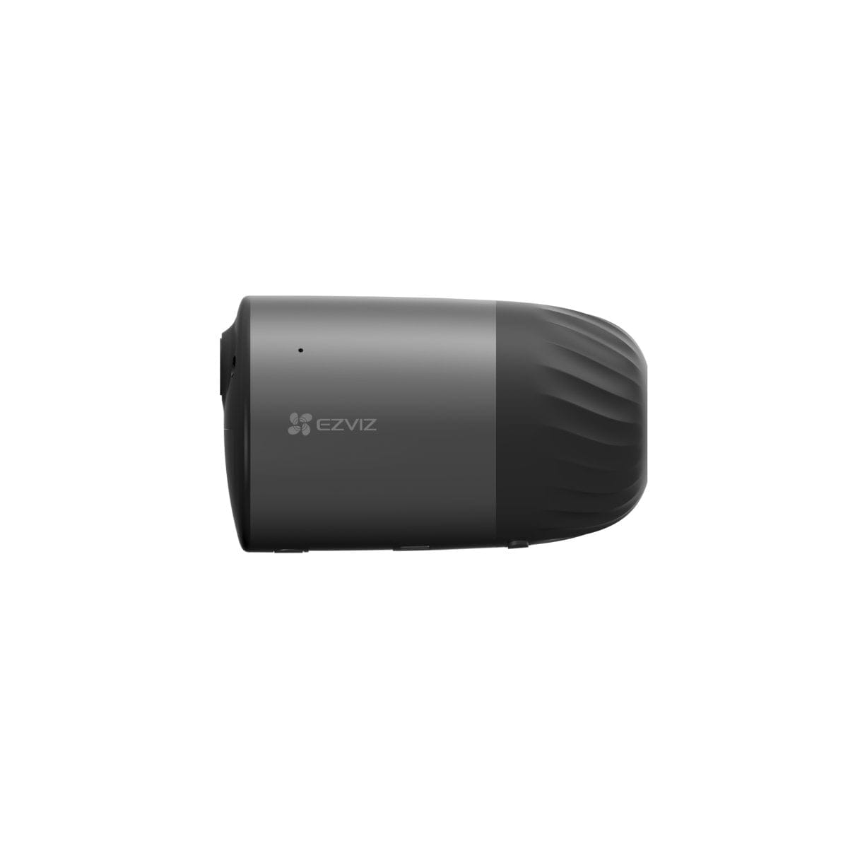 Una telecamera di sicurezza EZVIZ nera di forma cilindrica, vista laterale.