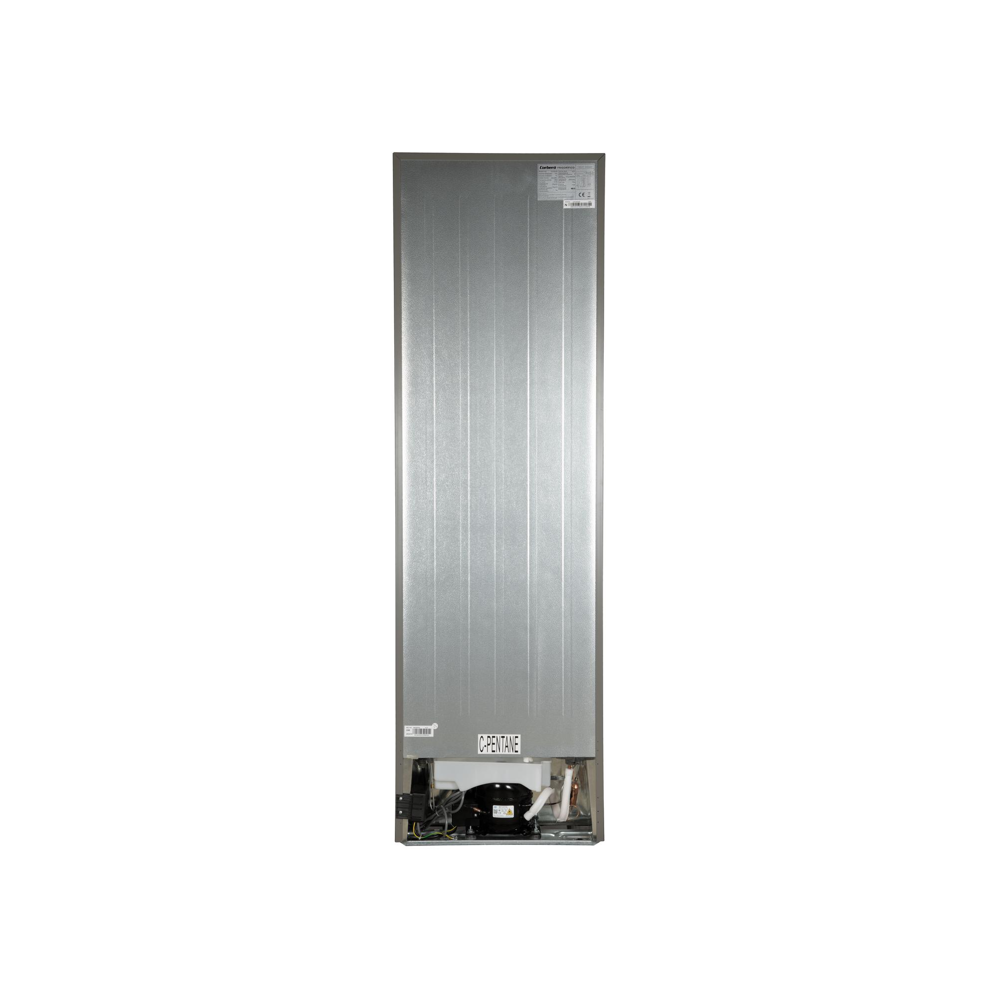 La parte trasera de un refrigerador plateado. Es un electrodoméstico alto y rectangular con base negra y acabado metálico.