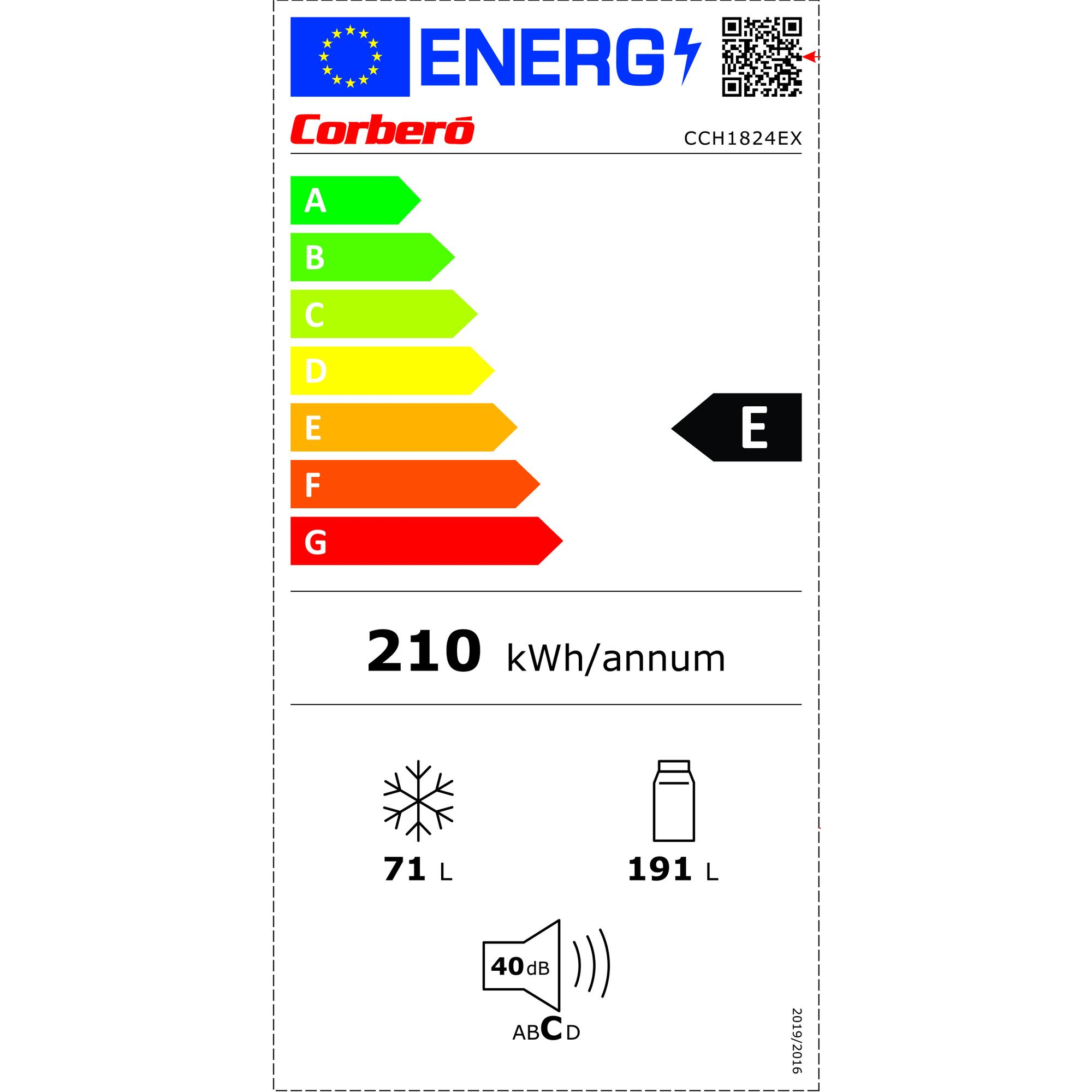 Etiqueta energética que muestra la eficiencia energética de un frigorífico. Tiene escalas A-G y otros detalles.