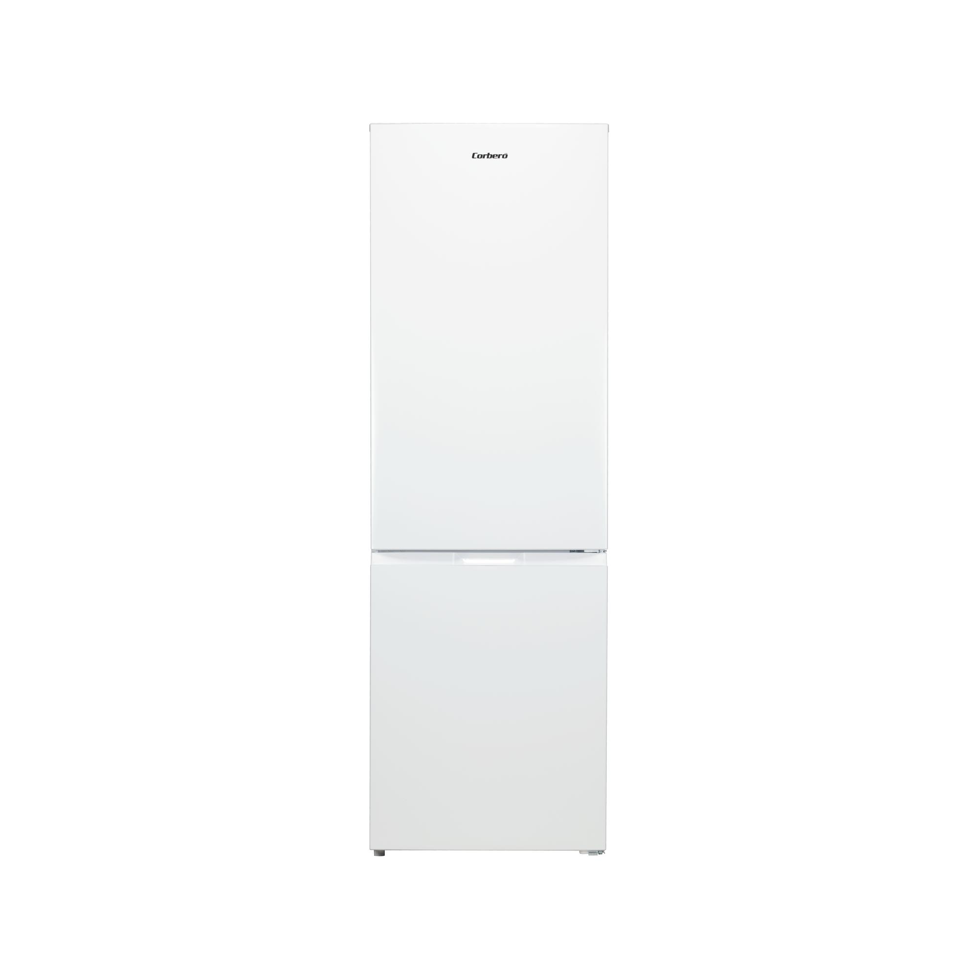 Refrigerador blanco, alto y estrecho con dos puertas. Se ve la marca Corberó.