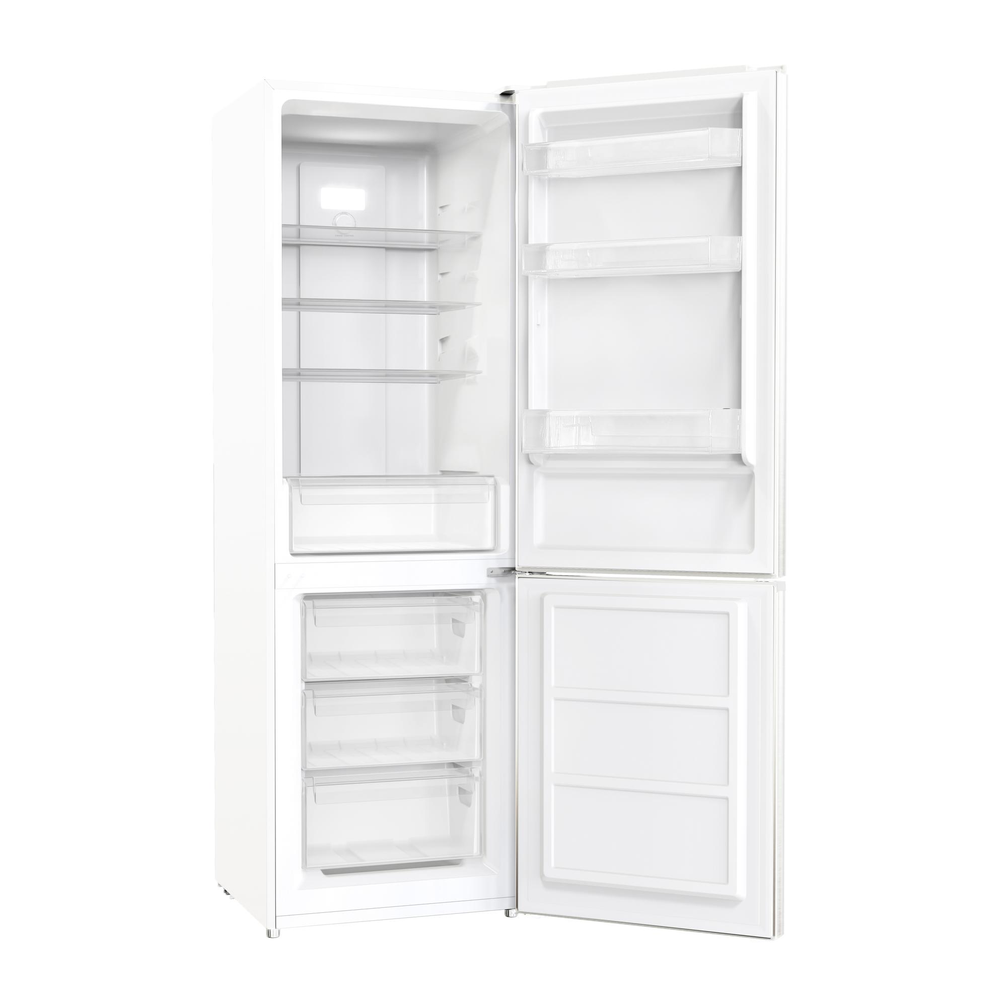 Refrigerador blanco con puertas abiertas, mostrando estantes y cajones.