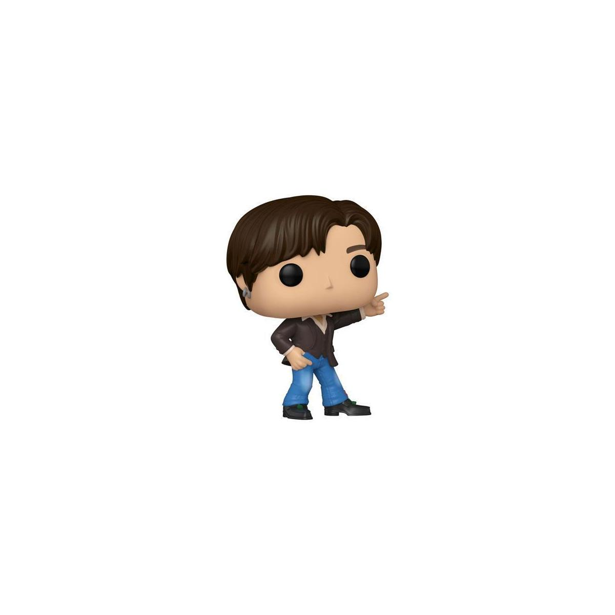 Una figura Funko Pop di un uomo con giacca marrone e jeans blu, che indica verso destra.