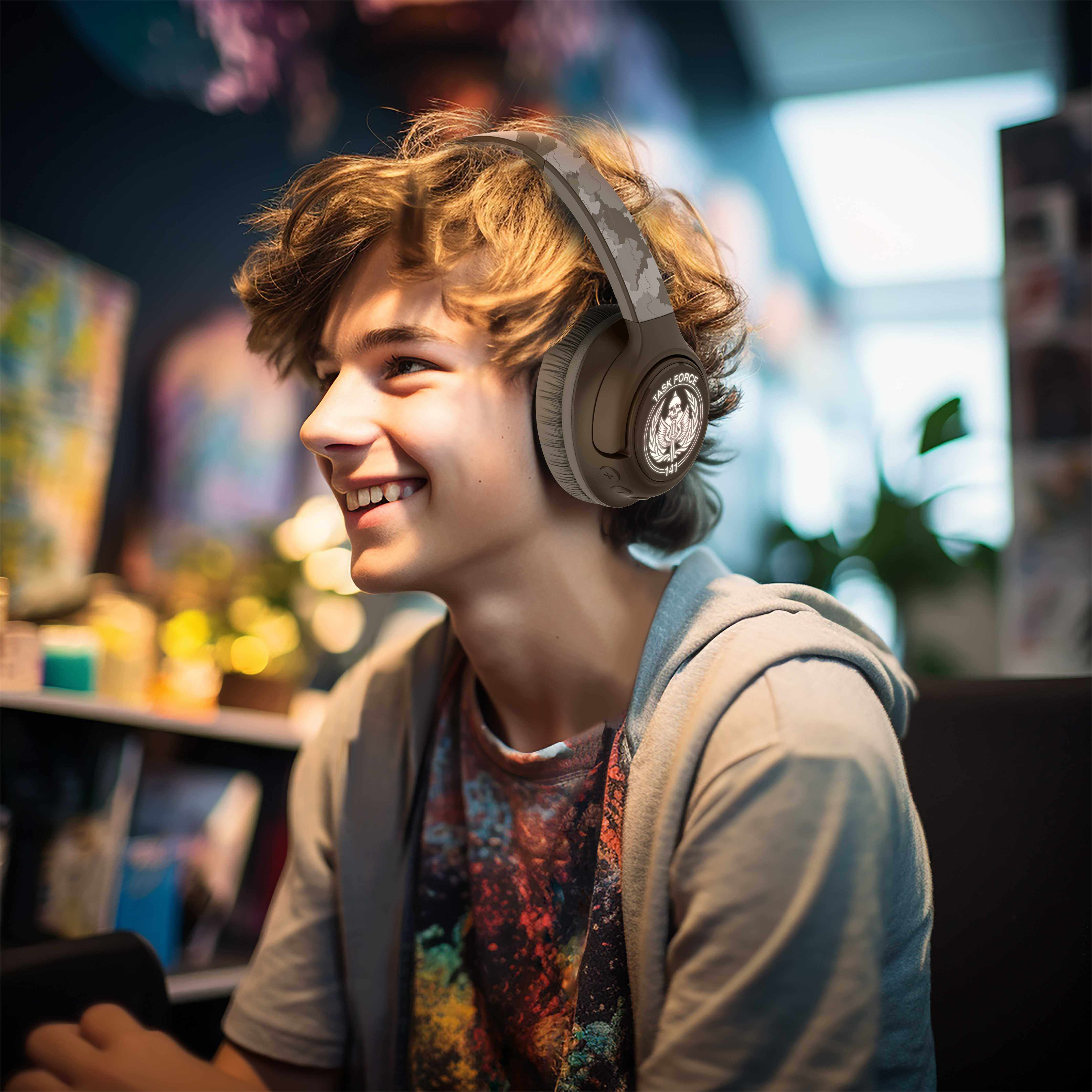 Un giovane sorridente con le cuffie con un motivo mimetico. È di fronte a uno sfondo colorato.