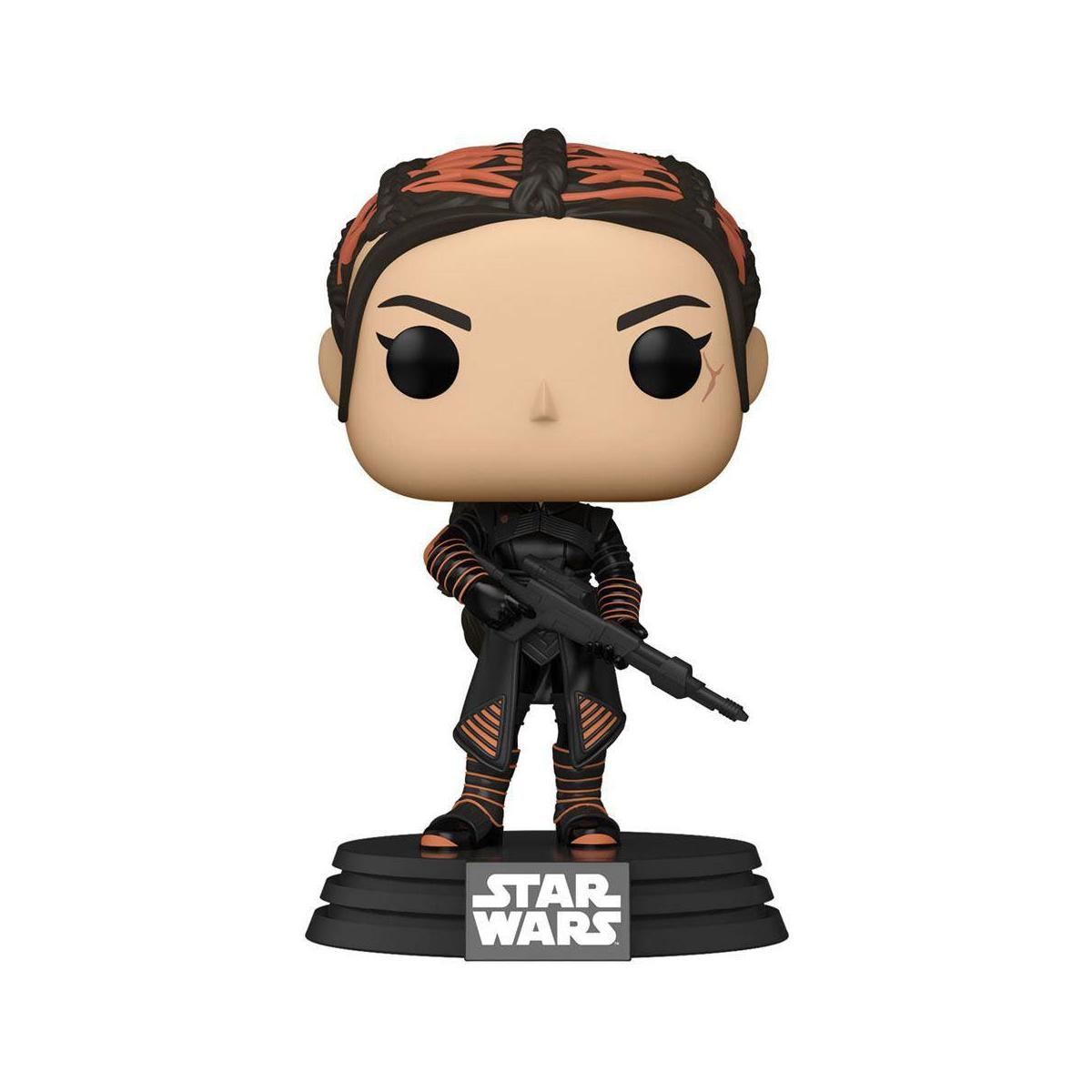 Figura Funko Pop di un personaggio femminile di Star Wars con un'arma, su una base.