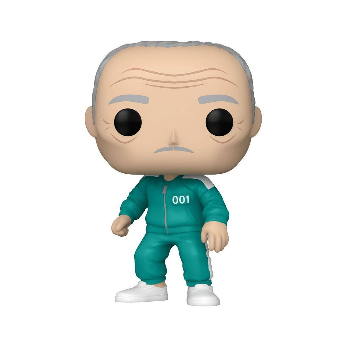 Figurka Funko Pop starca z serialu Squid Game, ubranego w turkusowy dres.