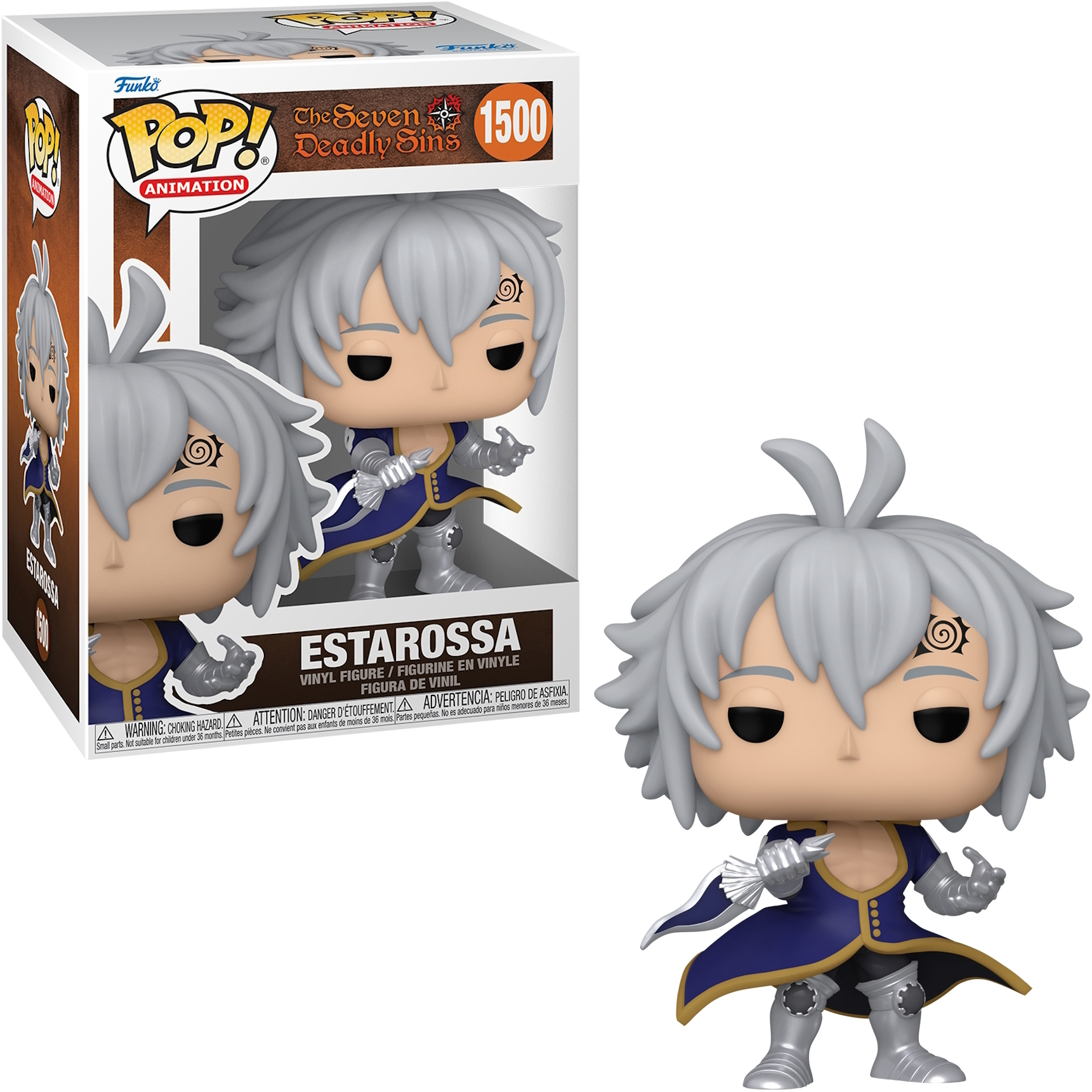 Figurka Funko Pop Estarossy z The Seven Deadly Sins. Figurka ma siwe włosy, niebieskie ubranie i miecz.