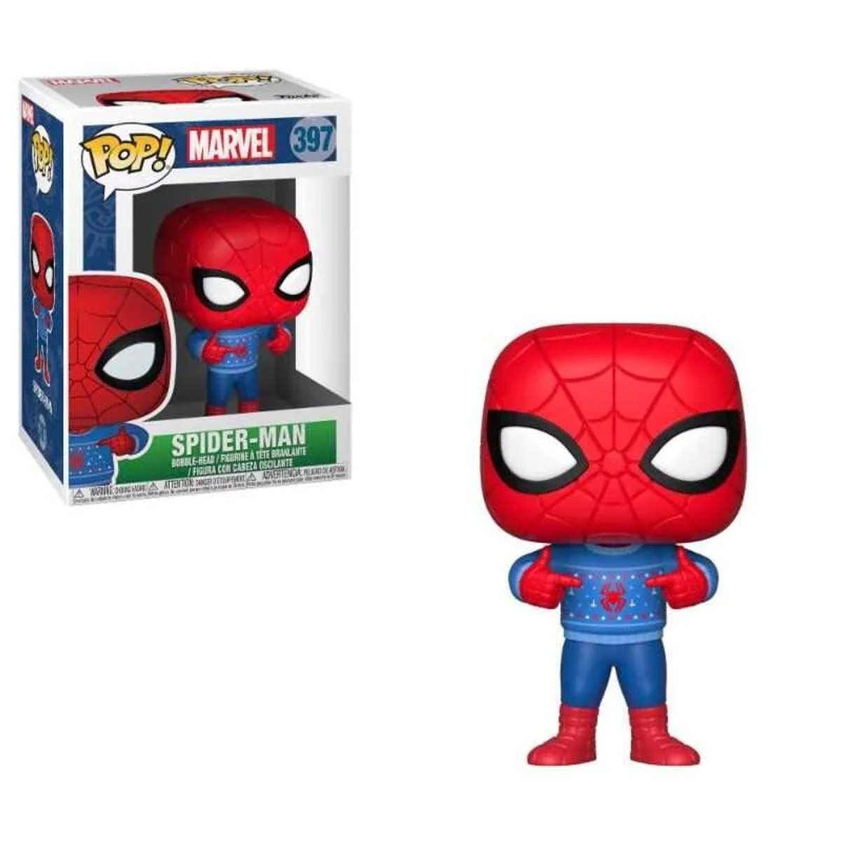 Una statuetta Funko Pop di Spider-Man con un maglione blu e una scatola con la stessa statuetta.