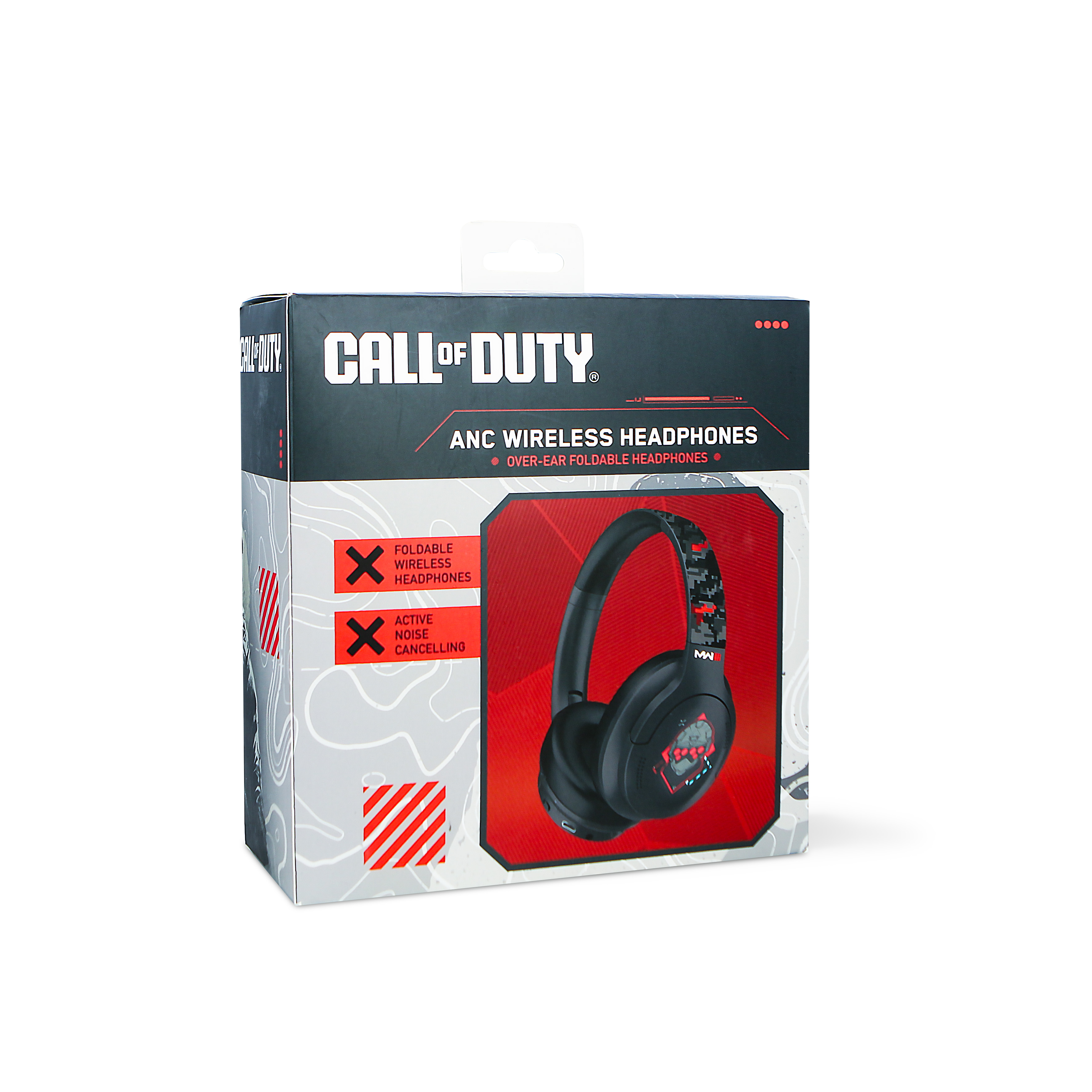 Scatola Call of Duty con cuffie. Testo: ANC Wireless Headphones, Foldable, Active Noise Cancelling.