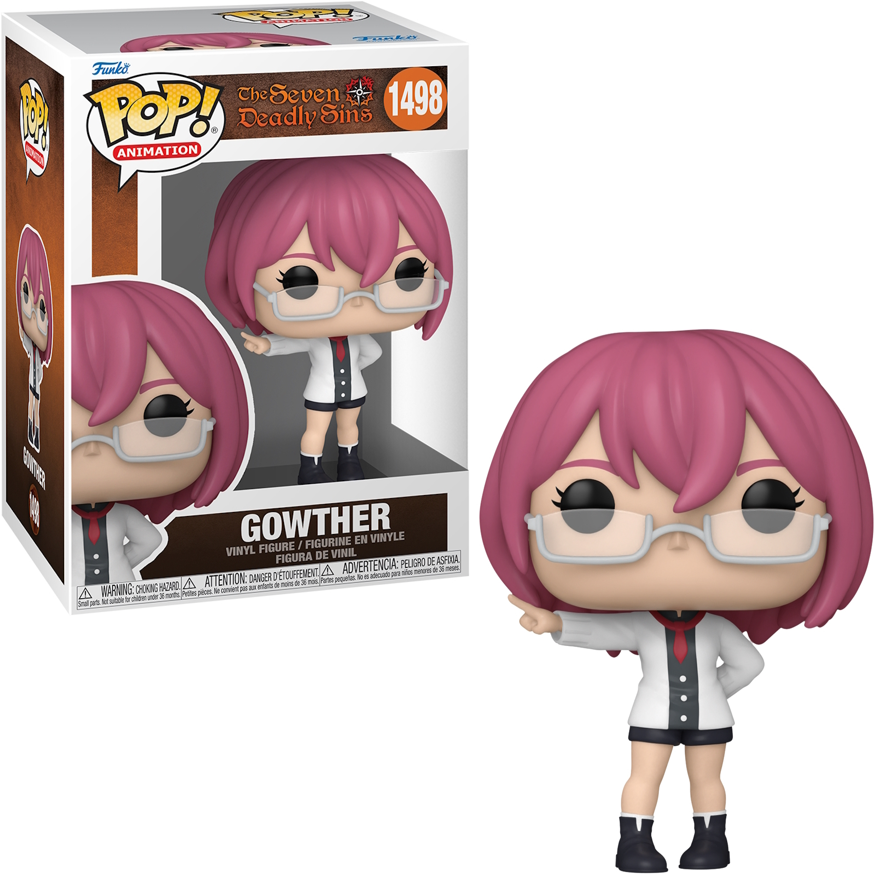Figurka Funko Pop Gowthera z The Seven Deadly Sins. Różowe włosy, okulary i biała koszula.