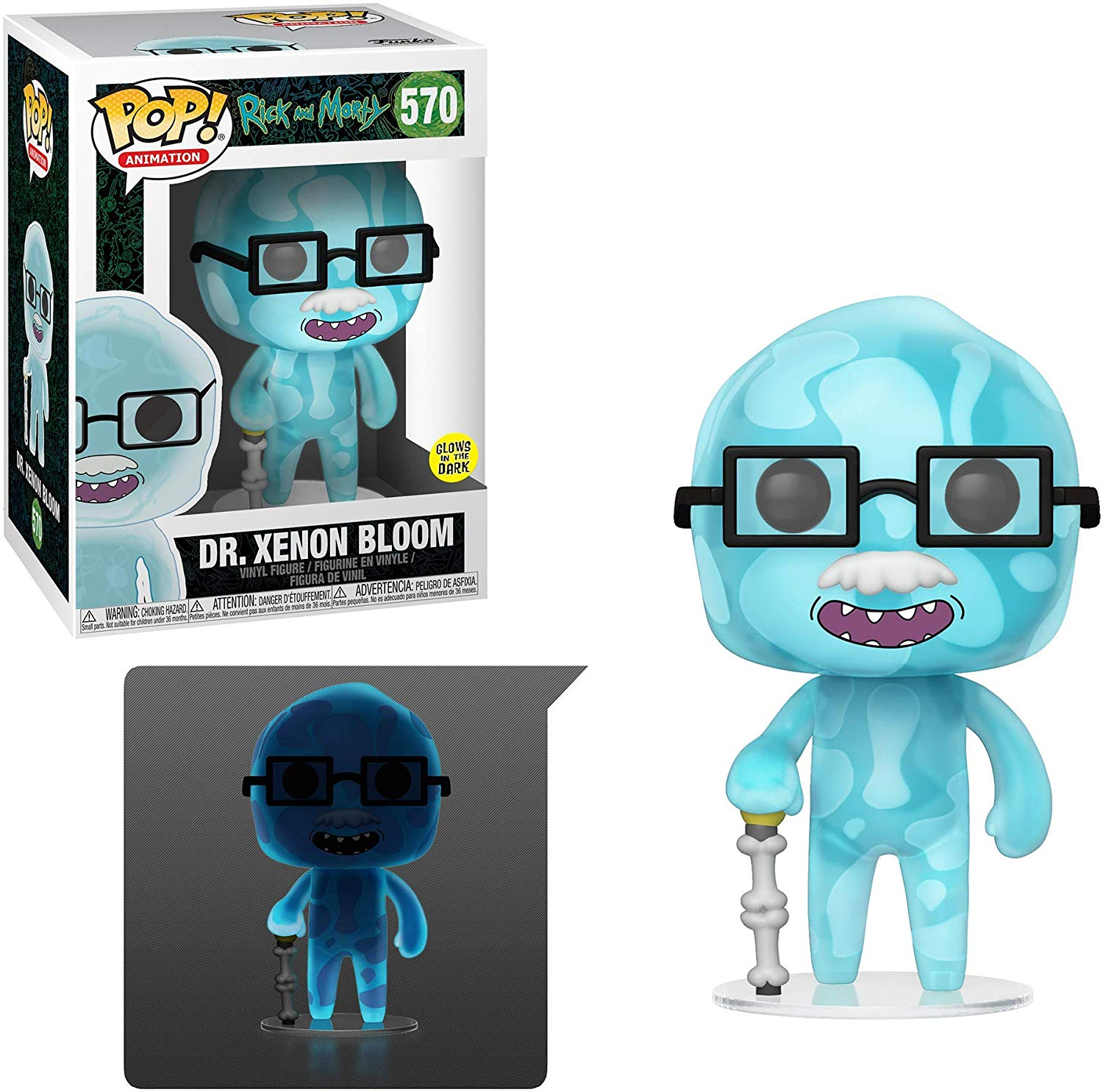 Dr. Xenon Bloom Figur mit Brille und Gehstock, neben einer Box mit ähnlichem Bild.