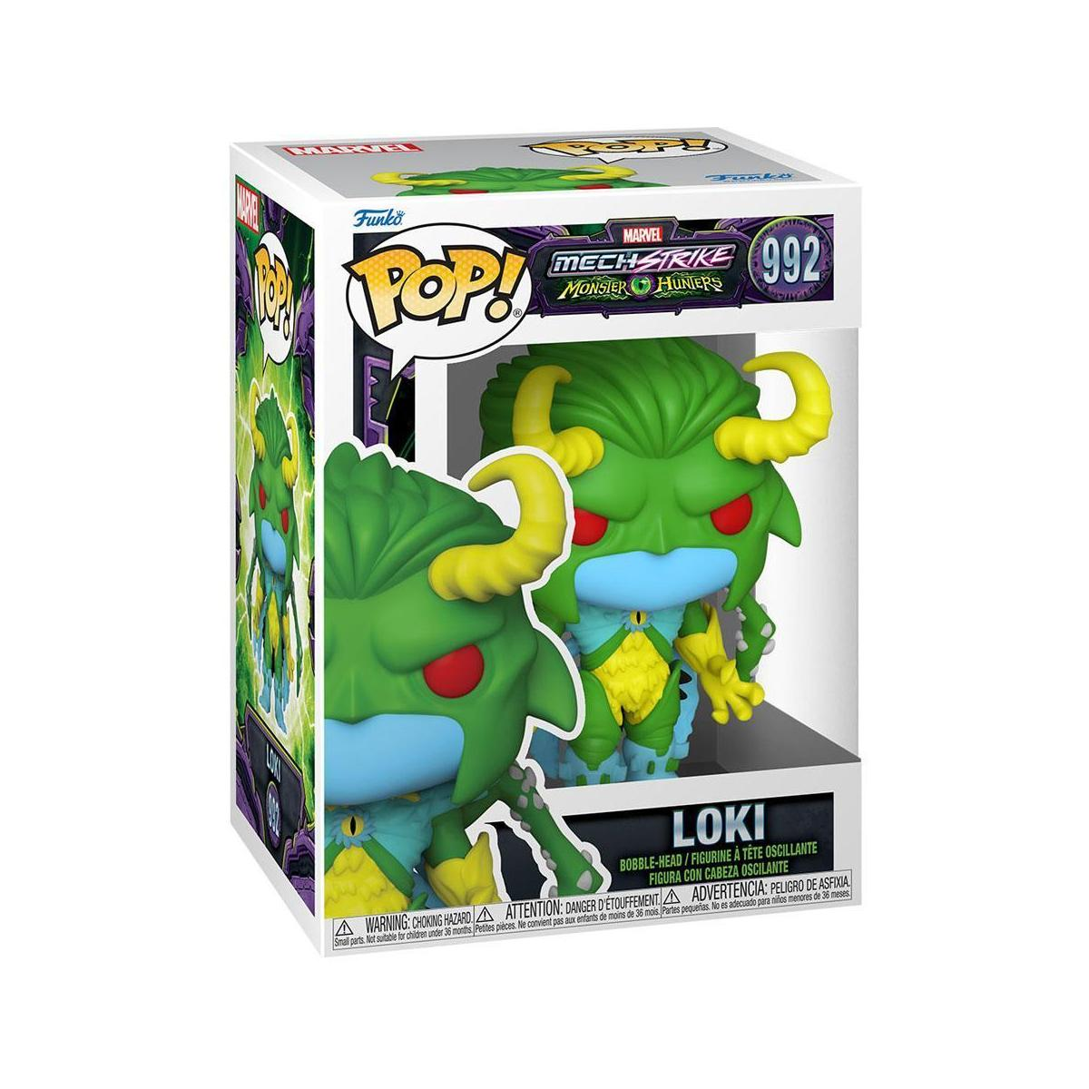 Figura di Loki nella scatola. Colori verde e giallo. La figura è una bambola a testa oscillante. Scatola Marvel.