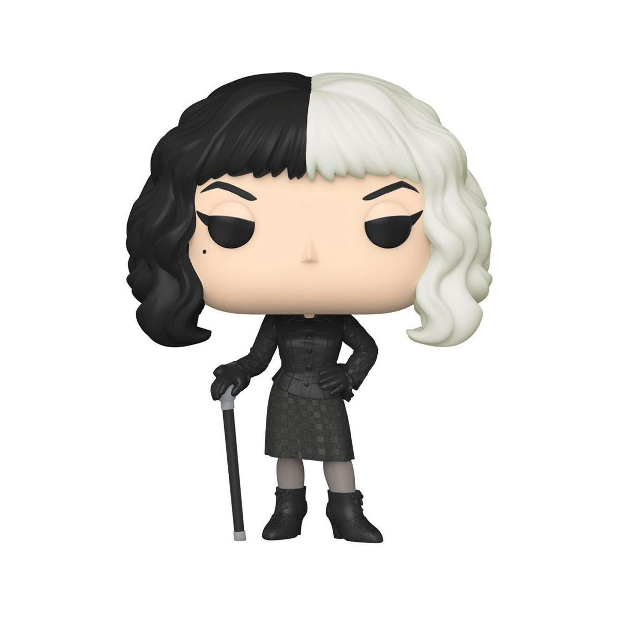Una figura Funko Pop di Crudelia De Mon con capelli bianchi e neri e un bastone.