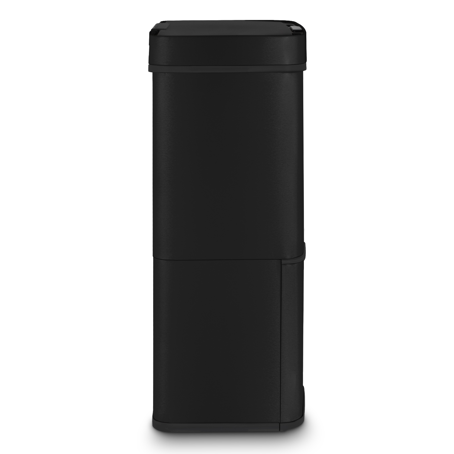 Bidone della spazzatura rettangolare nero alto con coperchio, su sfondo bianco.