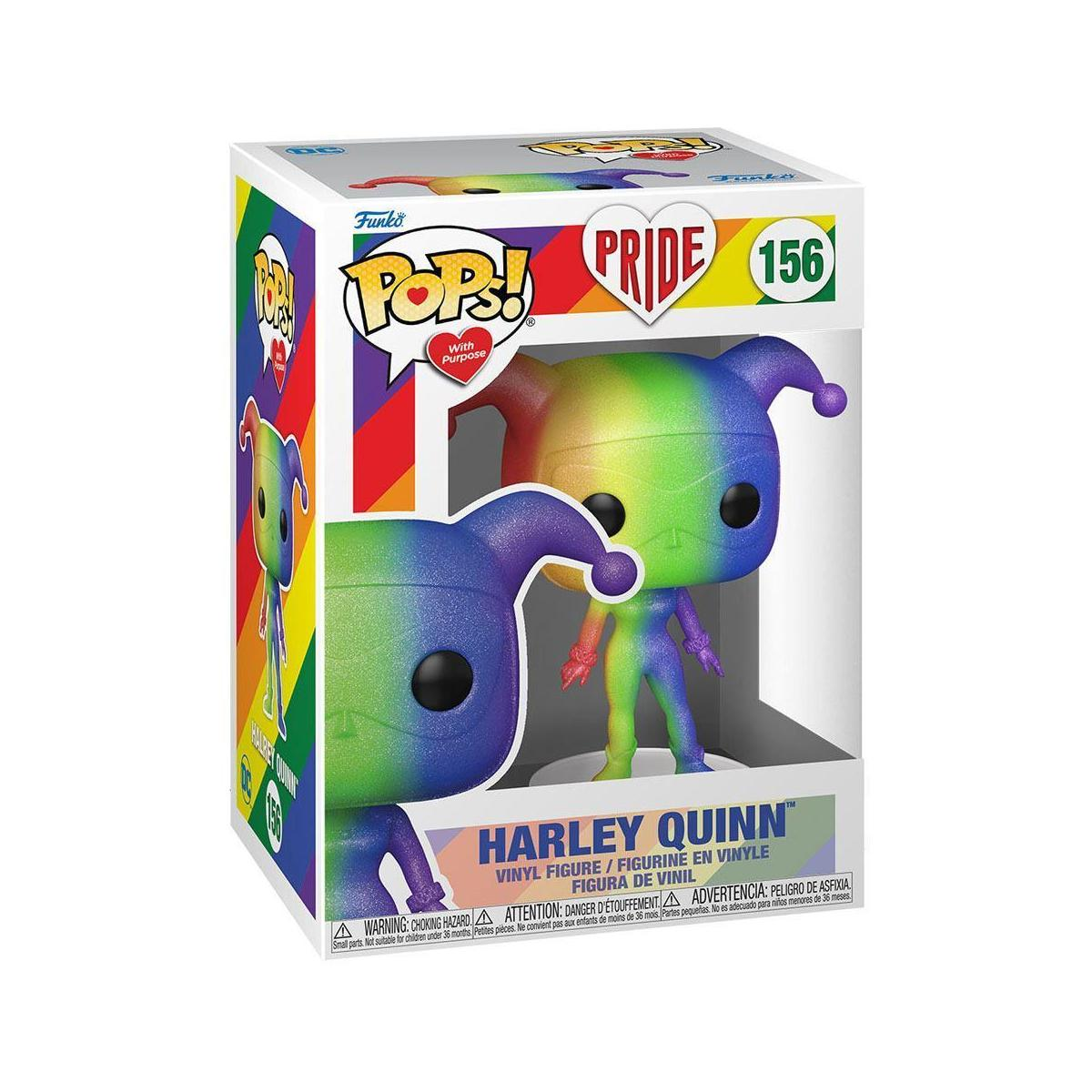 Harley Quinn Funko Pop in scatola. Colori arcobaleno. Tema Pride.