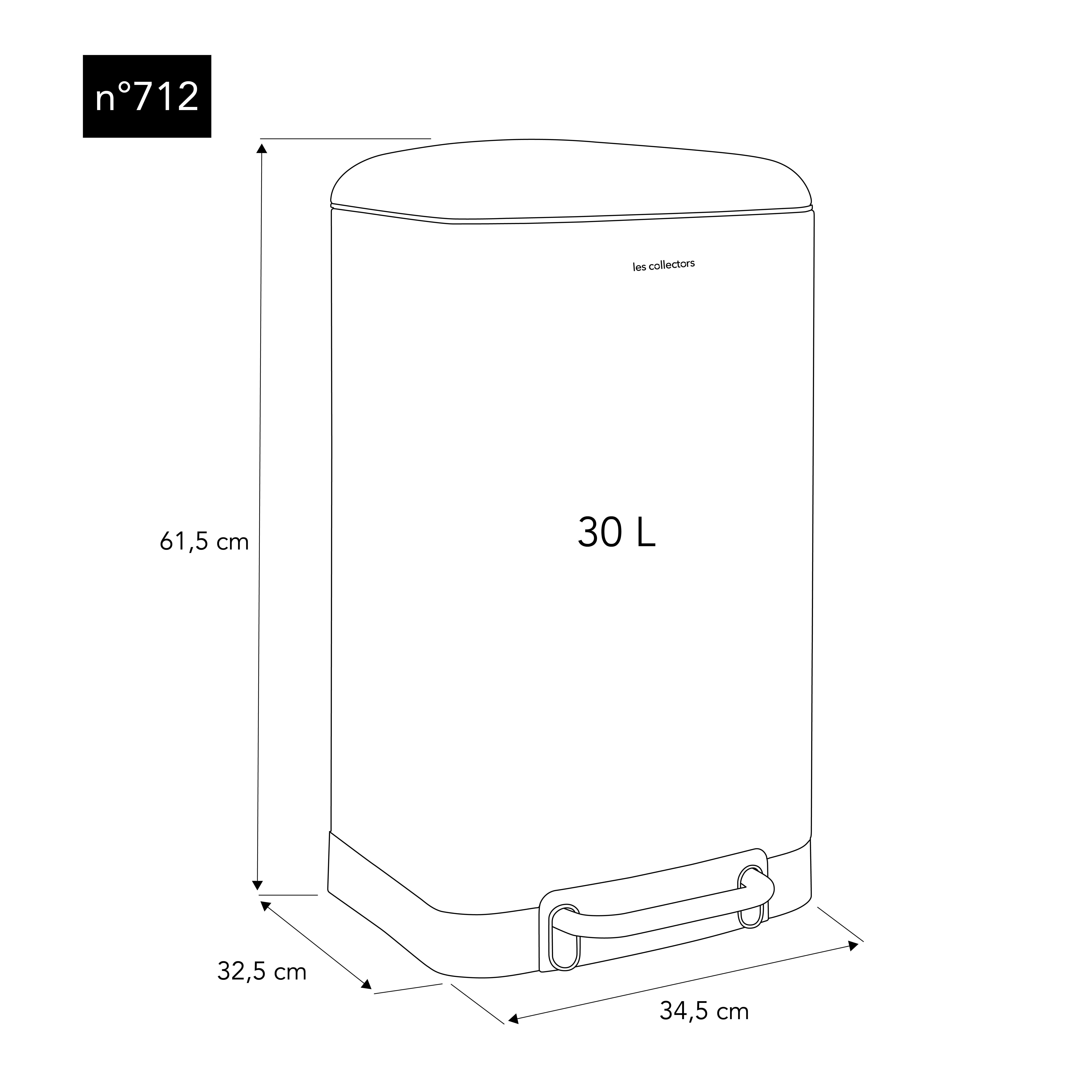 Un bidone della spazzatura bianco con dimensioni espresse in centimetri; il volume è di 30L.