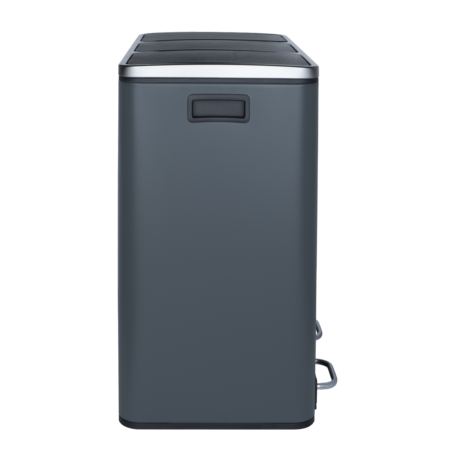 Bidone della spazzatura rettangolare grigio, due scomparti con coperchi. Rifiniture inox.