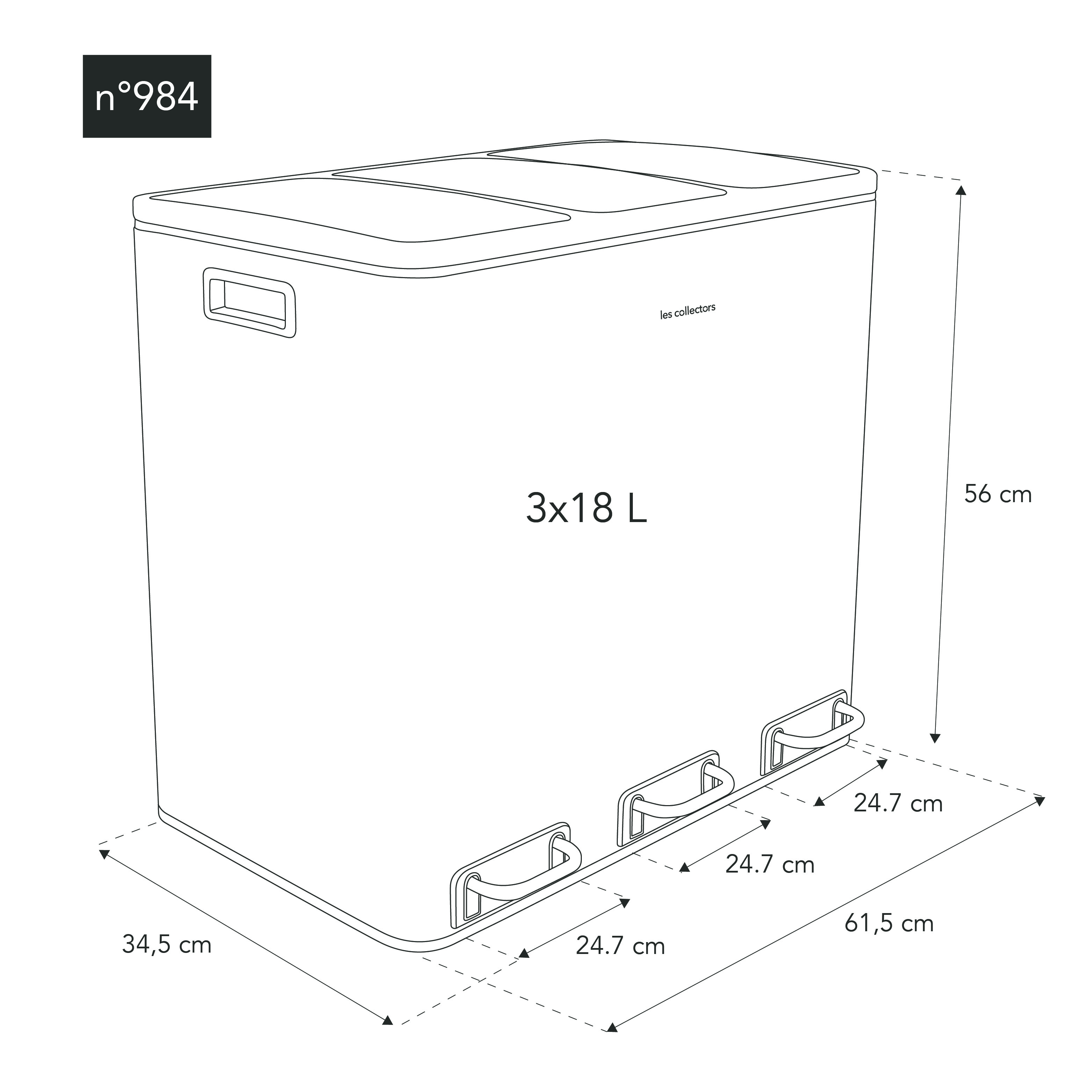 Diagramma di un bidone della spazzatura con tre scomparti e dimensioni in centimetri.