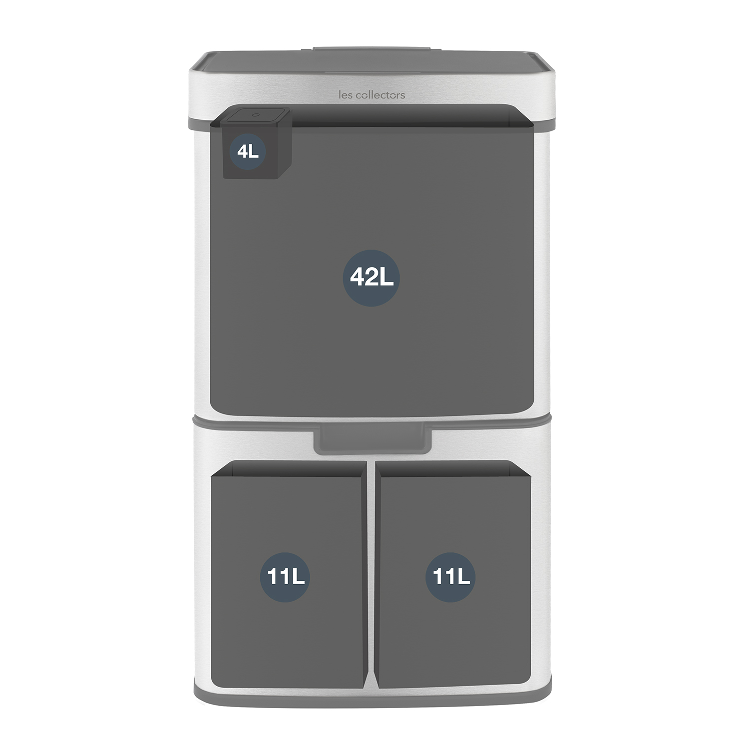 Un cubo de basura blanco y gris con tres compartimentos. Tiene etiquetas que indican volúmenes: 4L, 42L y dos secciones de 11L.