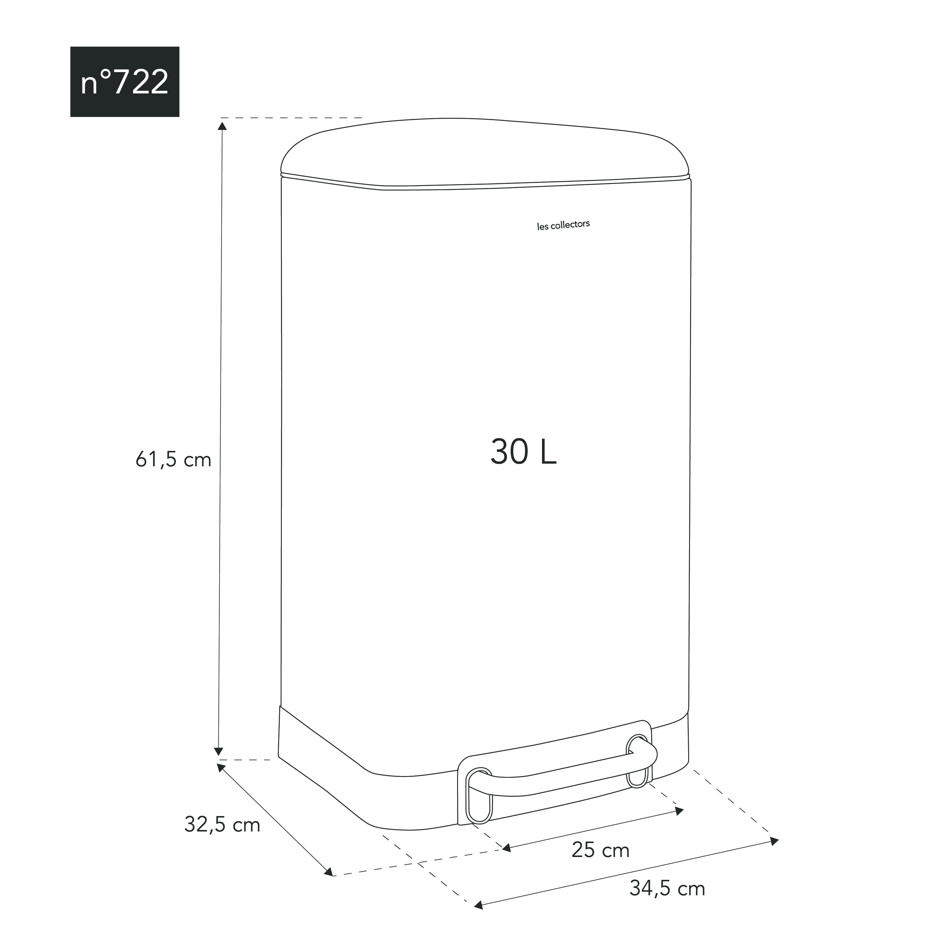Disegno a tratto di un bidone della spazzatura nero. Le dimensioni sono indicate in cm, con testo '30 L'.