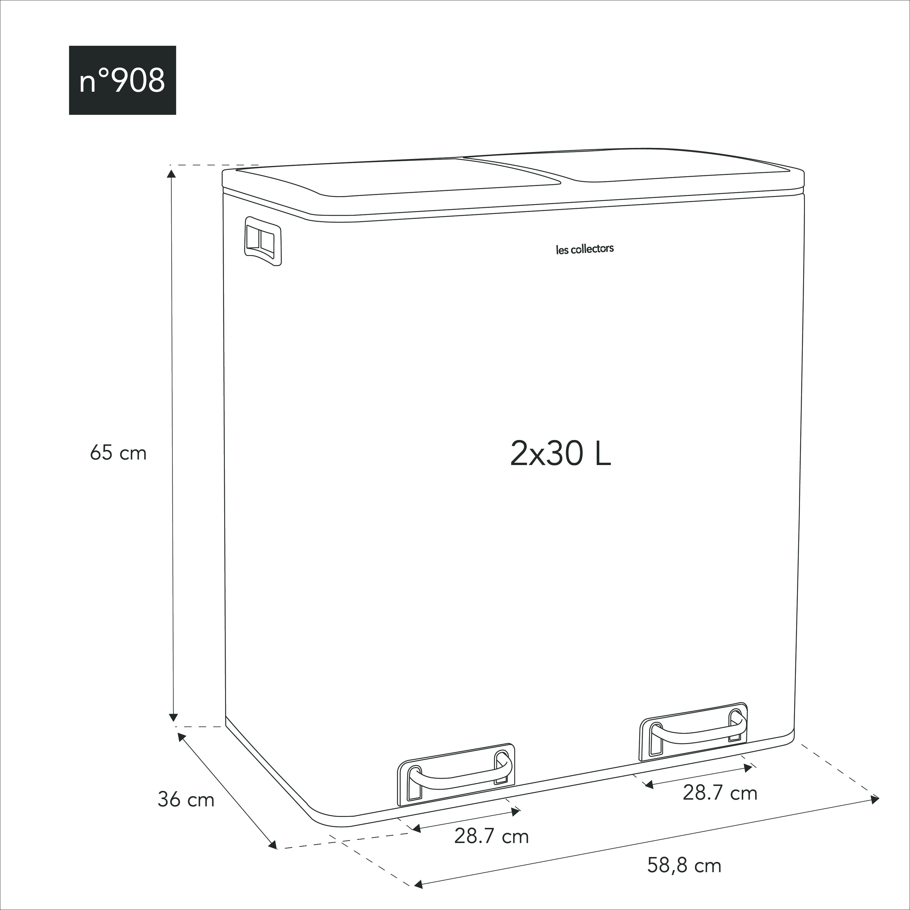Schema di un bidone. Dimensioni: 65 cm altezza, 36 cm larghezza, 58,8 cm profondità. Capacità 2x30L.