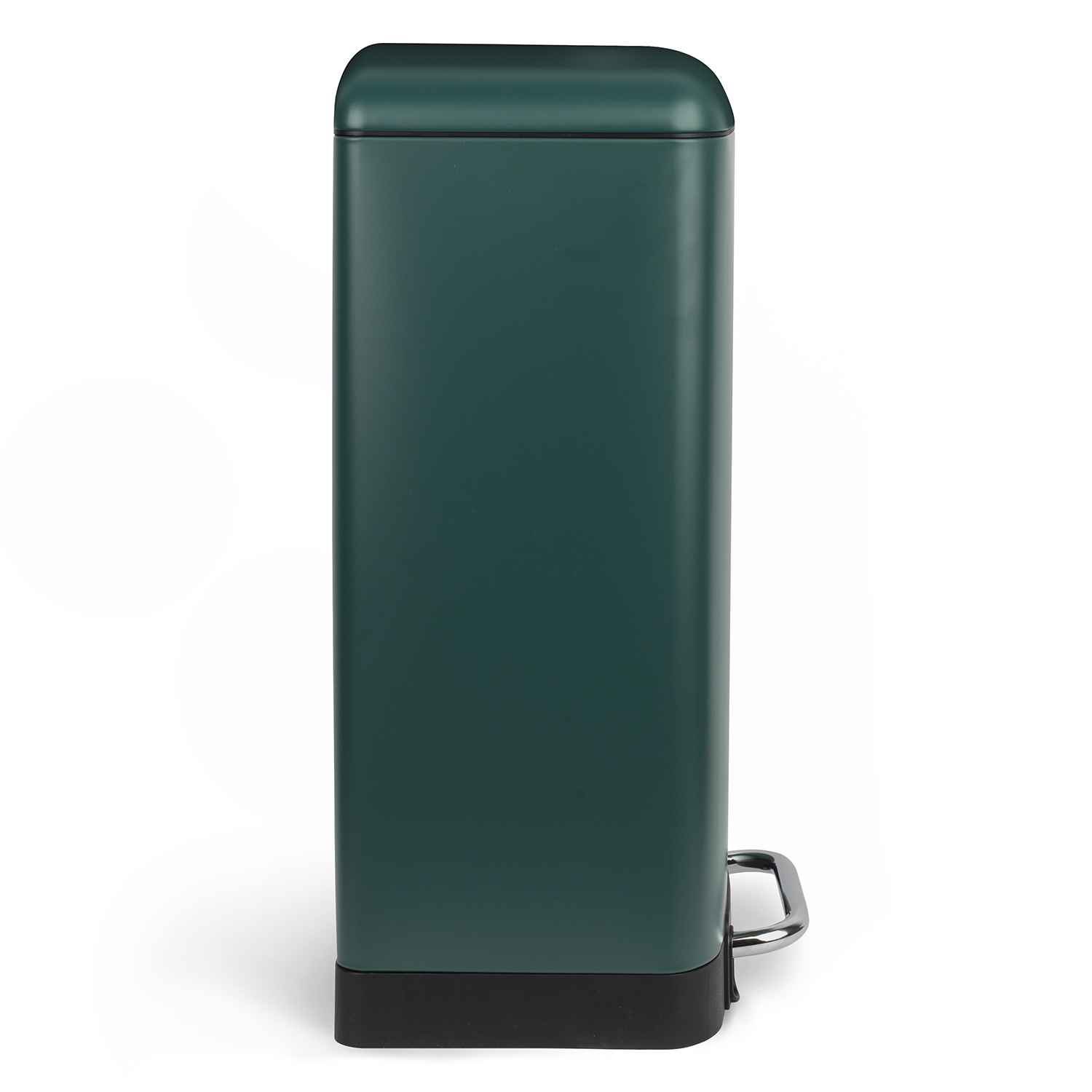 Pattumiera rettangolare verde scuro. Base nera, pedale argentato. Sfondo bianco.