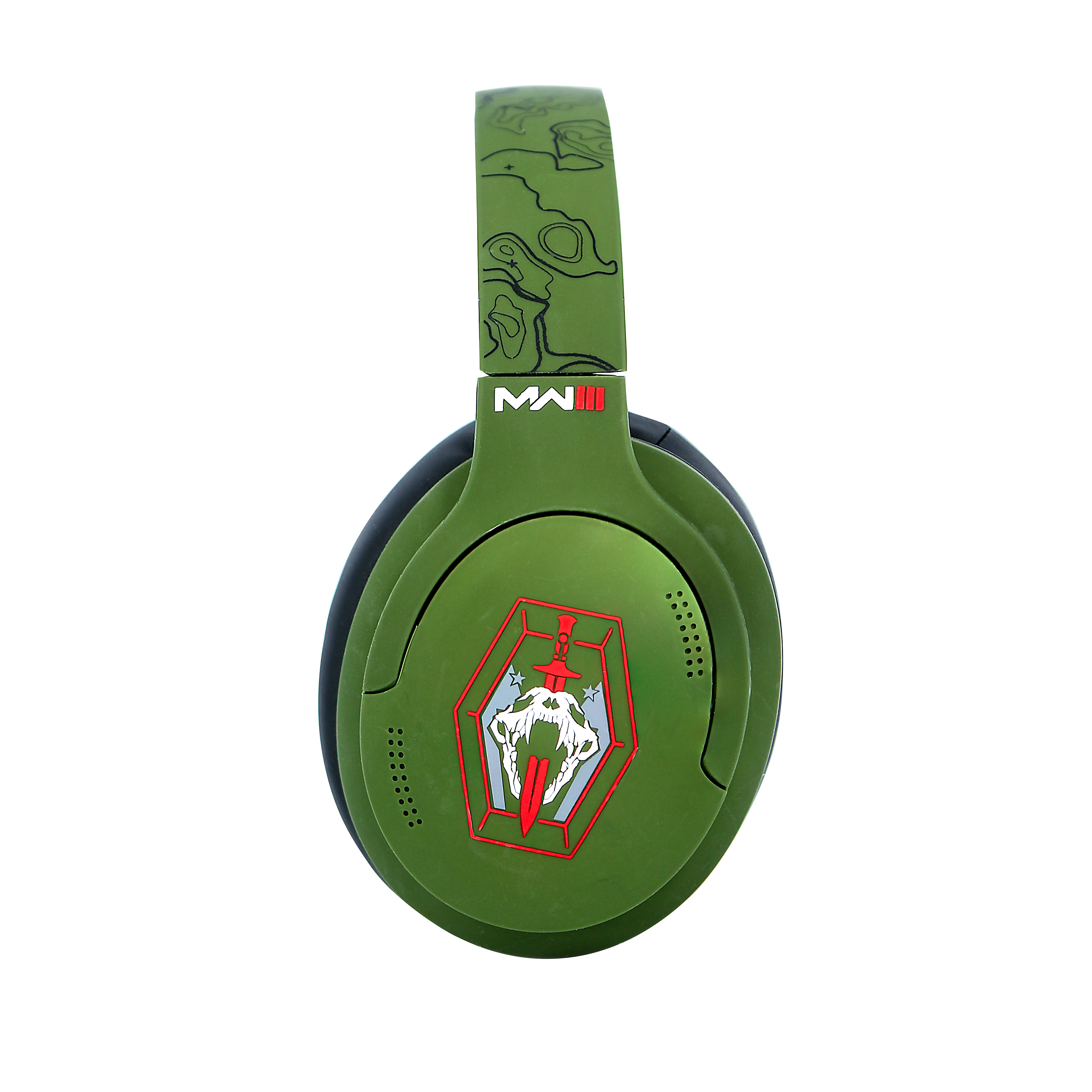 Cuffie da gioco verdi e nere con un logo. Le cuffie sono su sfondo bianco.
