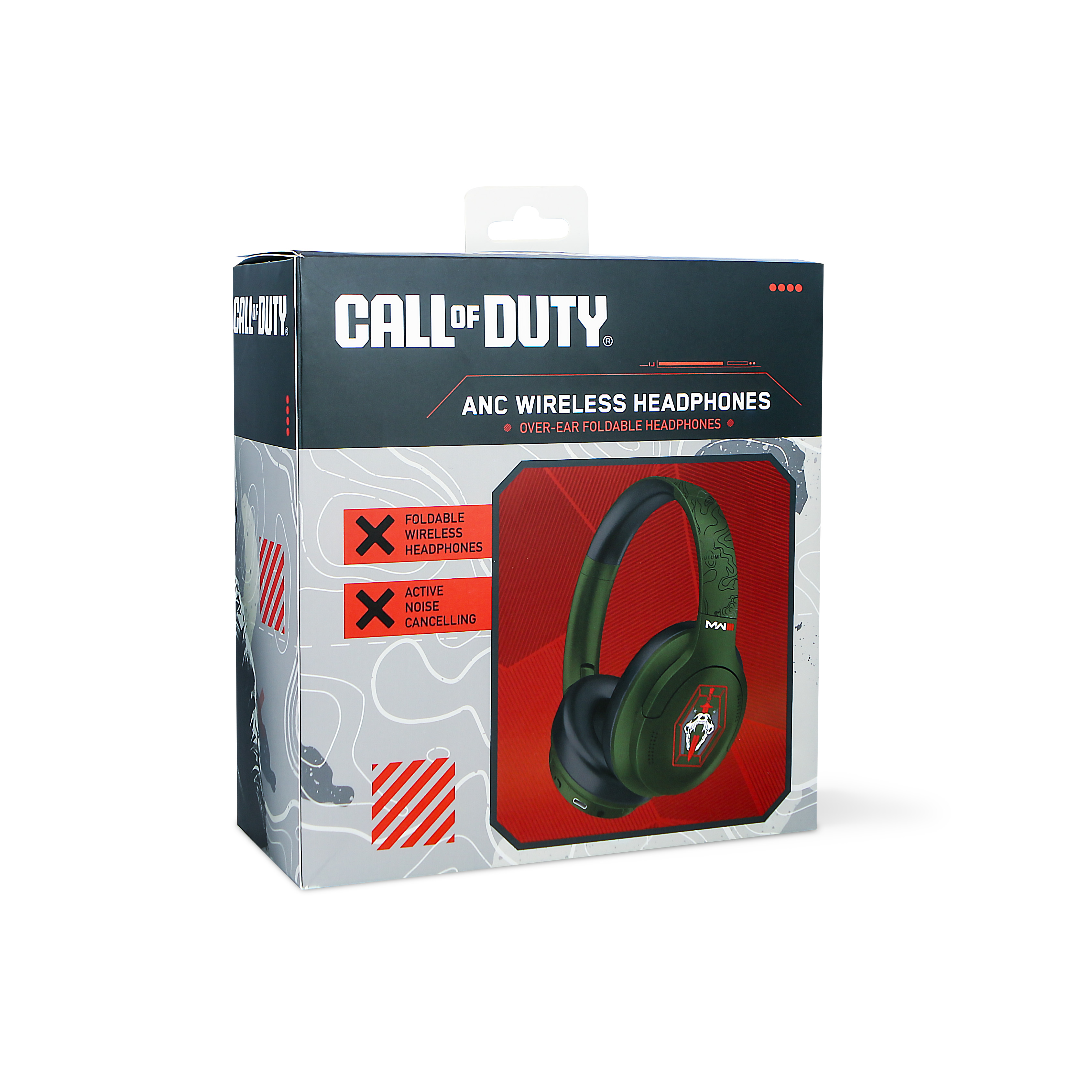 Una scatola di cuffie wireless ANC Call of Duty. Le cuffie sono verde oliva.
