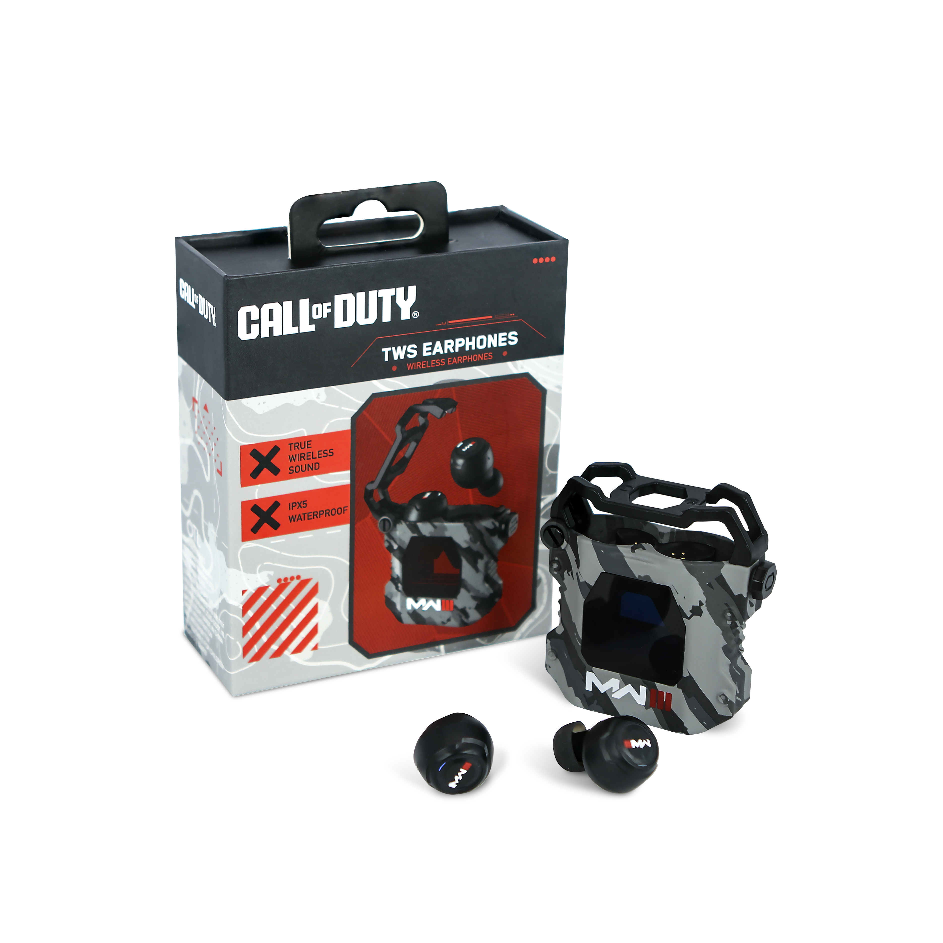 Un ensemble d'écouteurs TWS Call of Duty. Comprend une boîte, un étui de chargement et deux écouteurs.